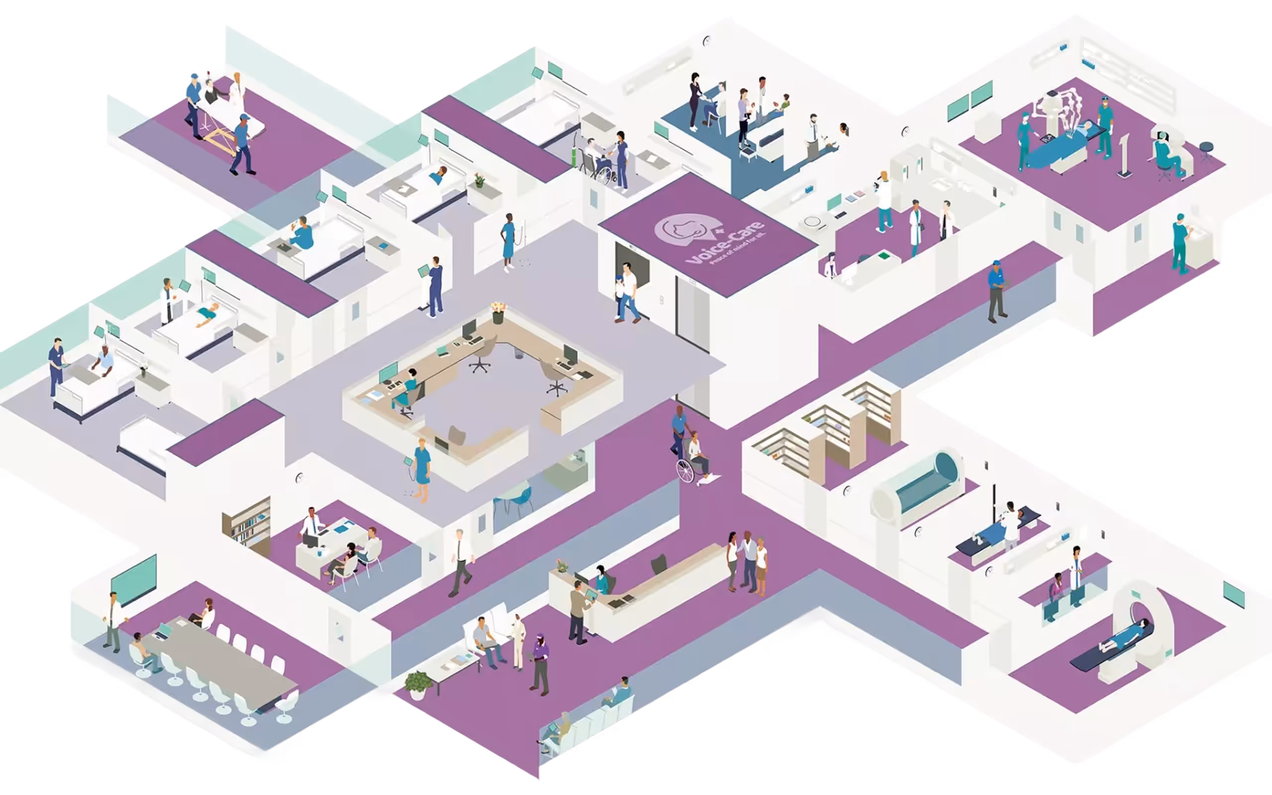 Isometric illustration of a hospital interior showing various rooms including patient wards, examination rooms, reception, lab, and imaging areas with staff and patients.