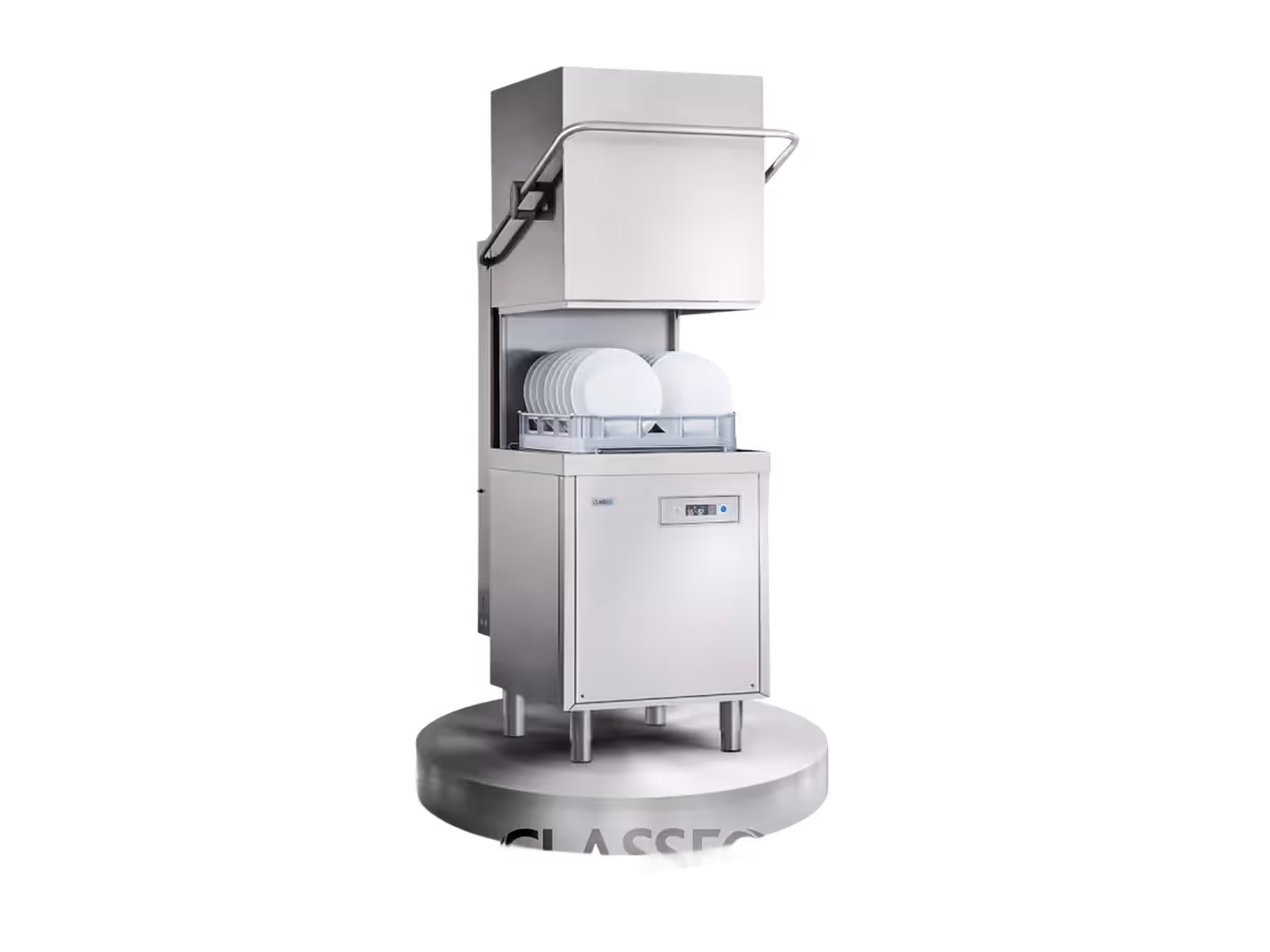 Commercial stainless steel hood-type dishwasher with a rack of clean white plates.