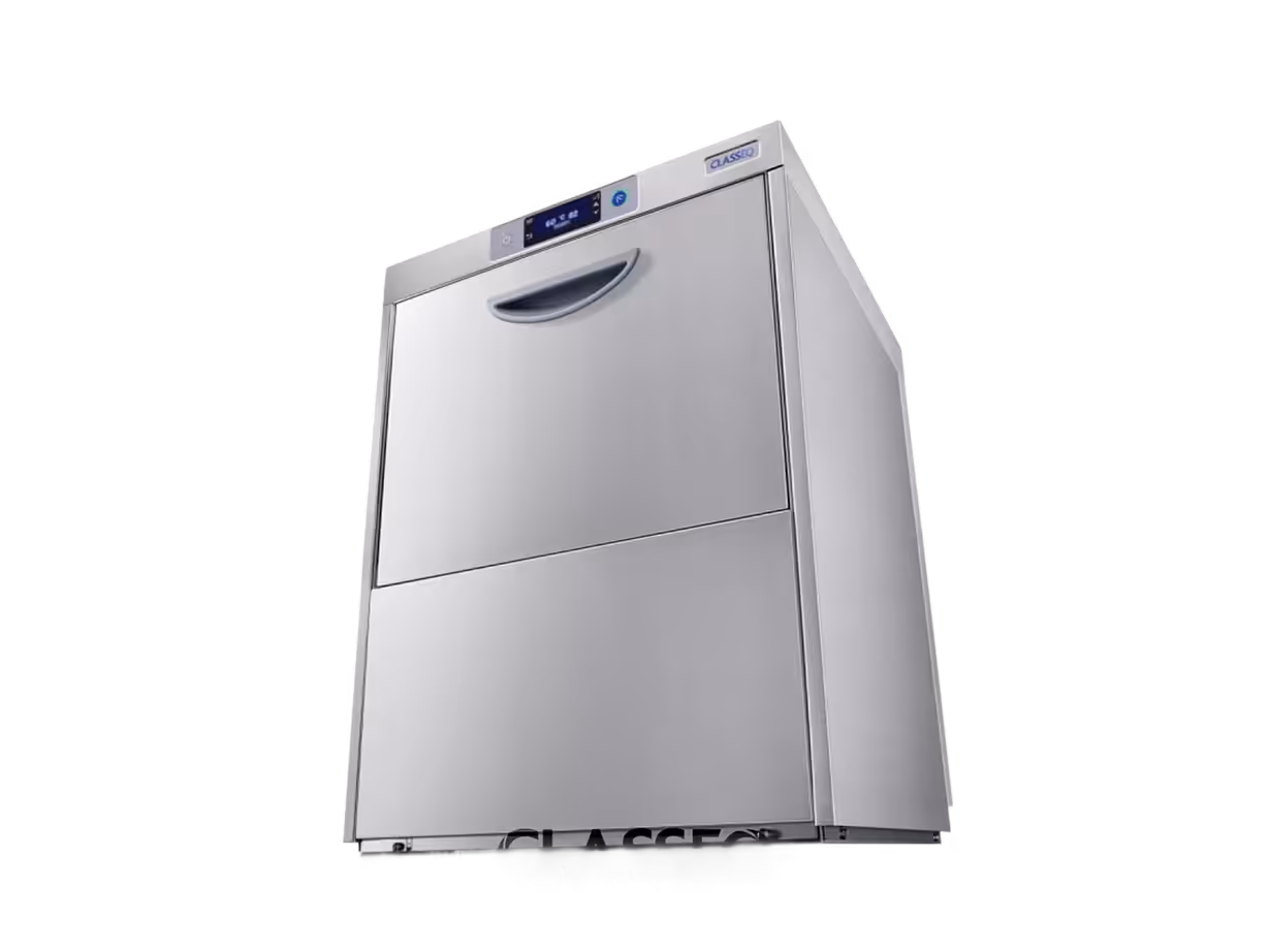 Stainless steel ClassEq laboratory dishwasher with digital control panel and handle.