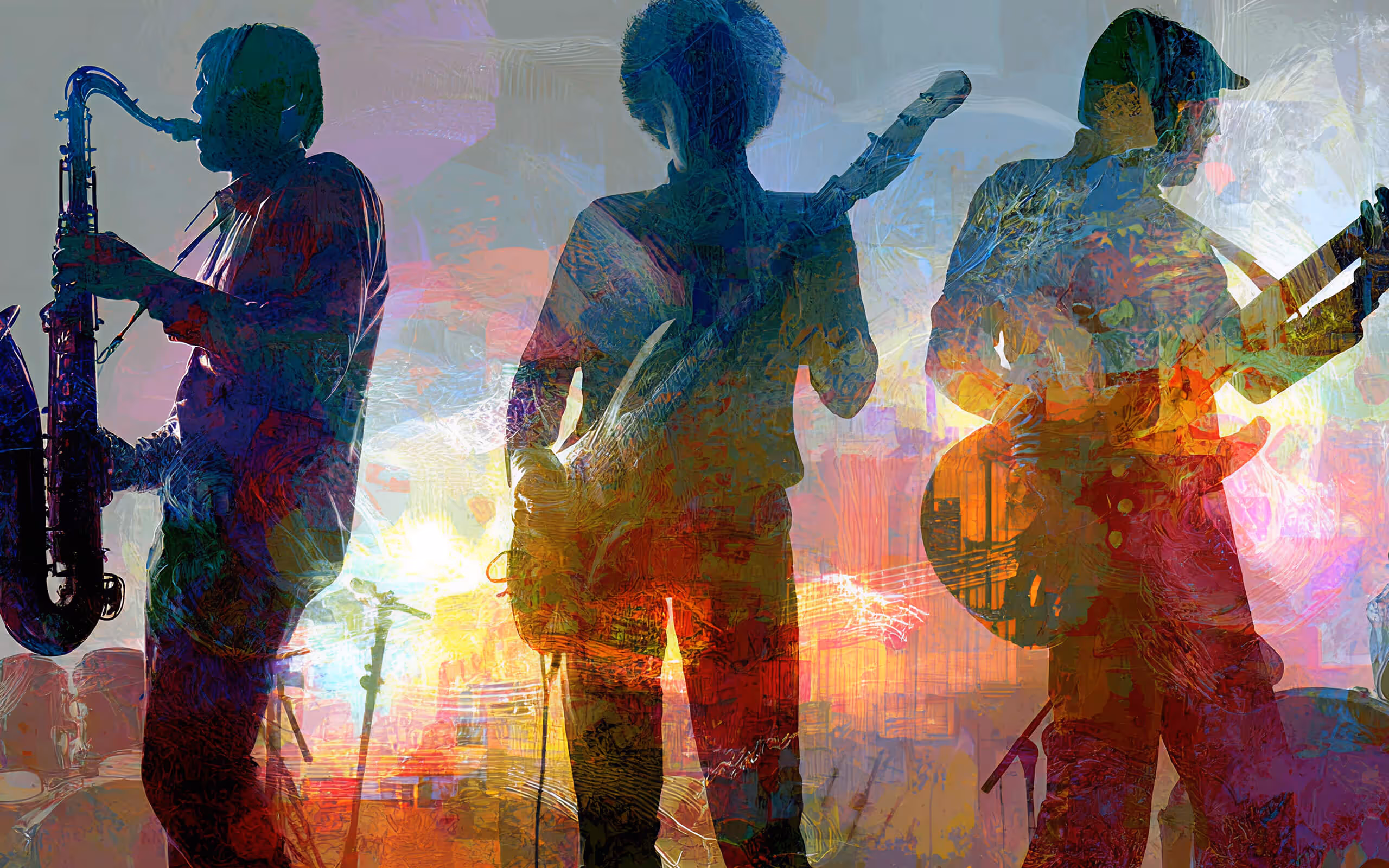Silhouettes of three musicians playing saxophone, bass guitar, and electric guitar against a colorful abstract background.