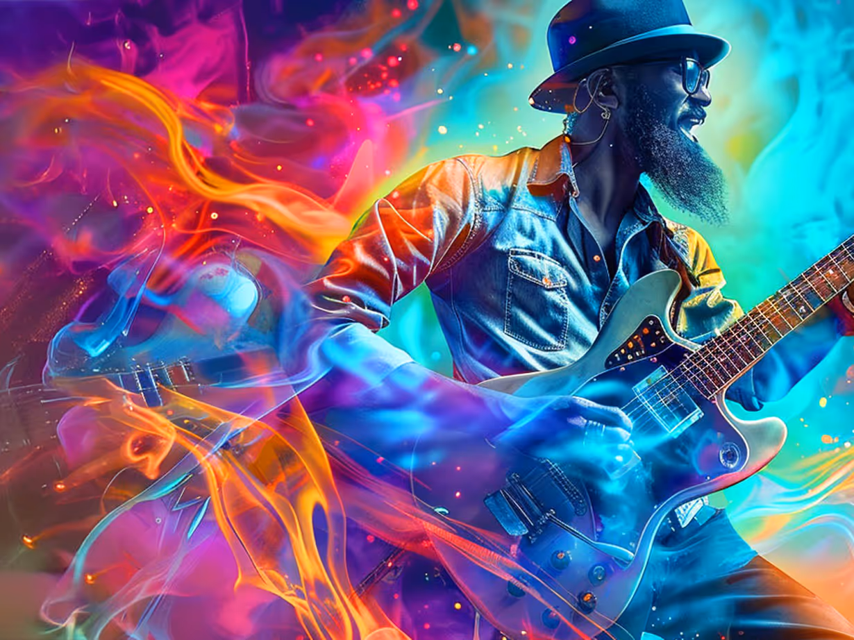 Bearded man wearing a hat and glasses playing an electric guitar with colorful abstract smoke and light effects surrounding him.
