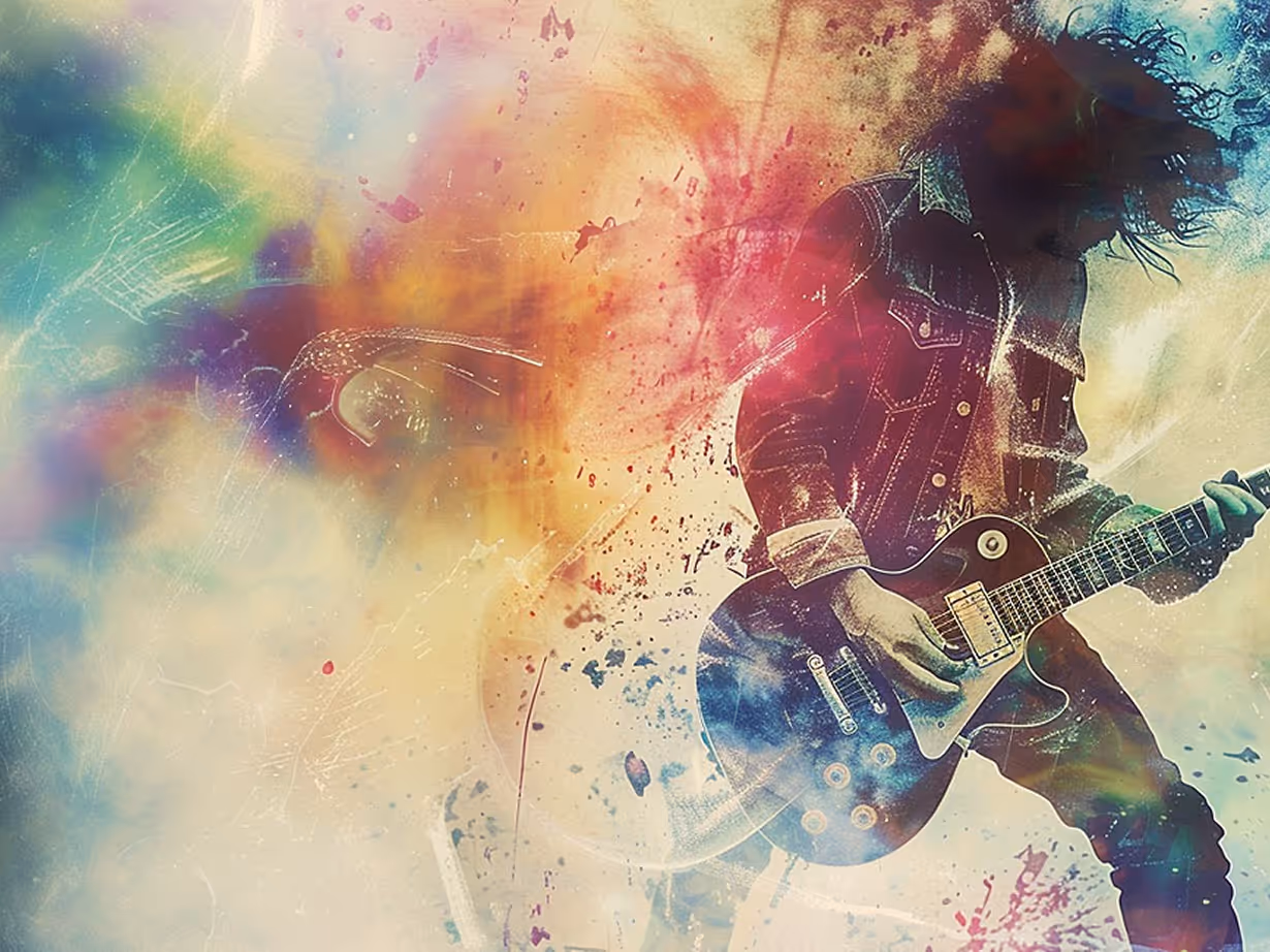 Colorful artistic illustration of a person playing an electric guitar with dynamic splashes of paint and light effects.