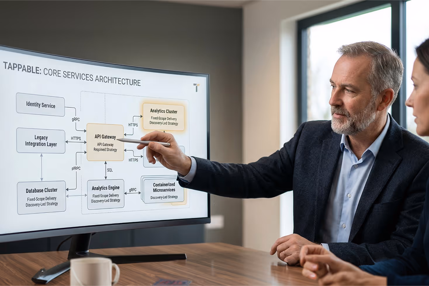 Man pointing at flowchart of Tappable core services architecture on a large monitor during a business meeting.