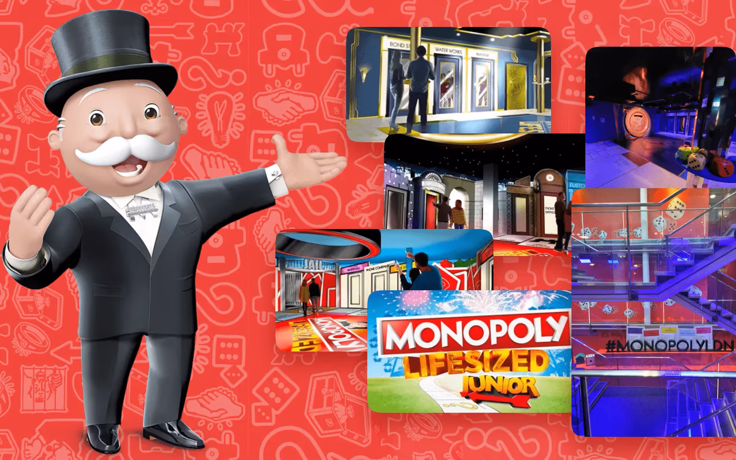 Mr. Monopoly character in a top hat and tuxedo on left with images of Monopoly Lifesized Junior game scenes and a blue-lit modern indoor space with dice decorations on the right.