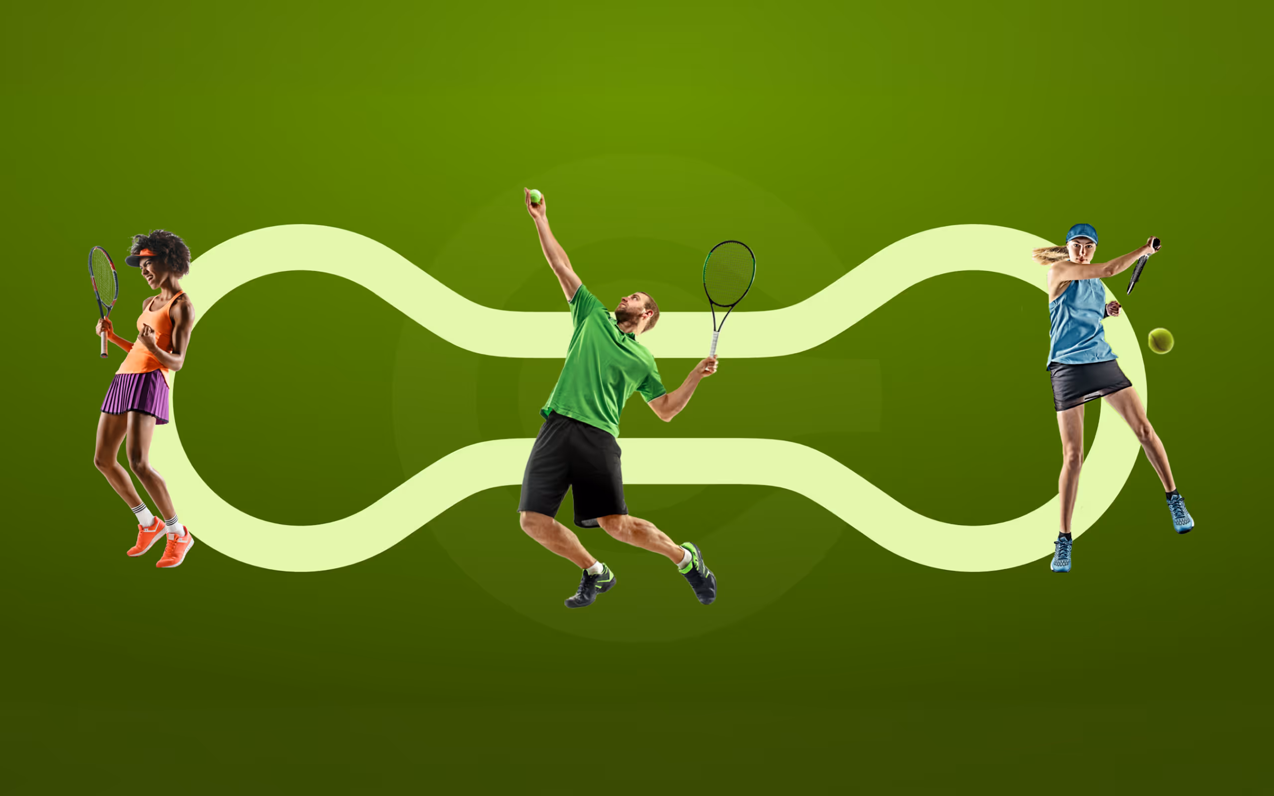 Three tennis players in action with a green background featuring a light green wavy design.