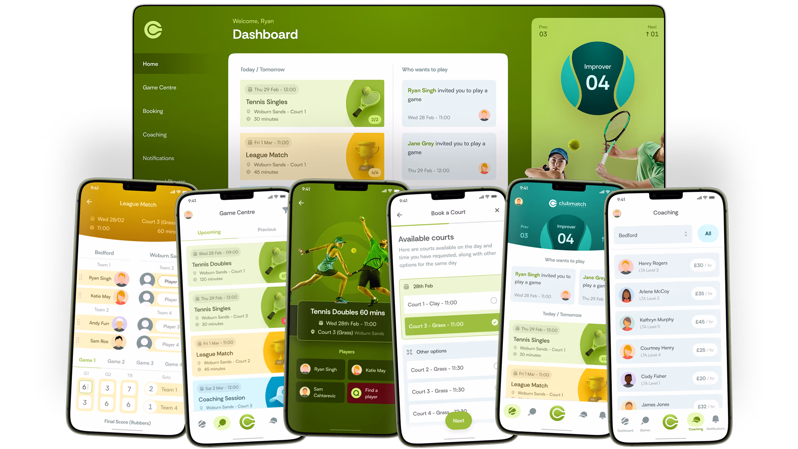 A tennis app dashboard and six smartphone screens showing tennis match schedules, player lists, court booking, and coaching options with a green-themed interface.
