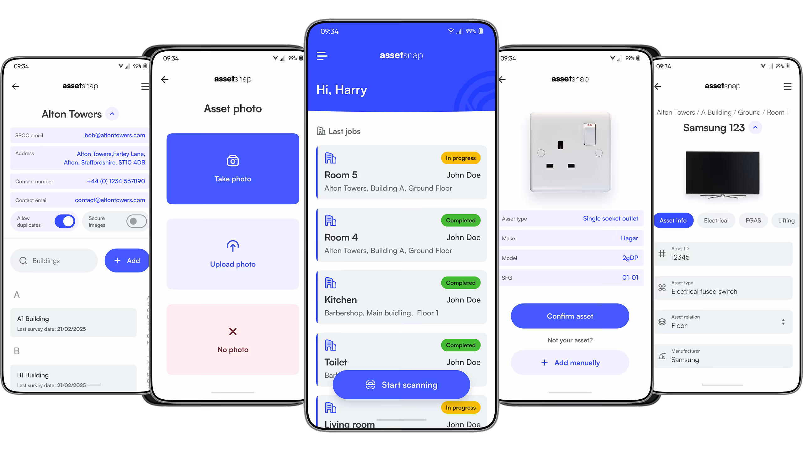 Five mobile screens showing AssetSnap app interfaces for job tracking, asset photos, and asset details.