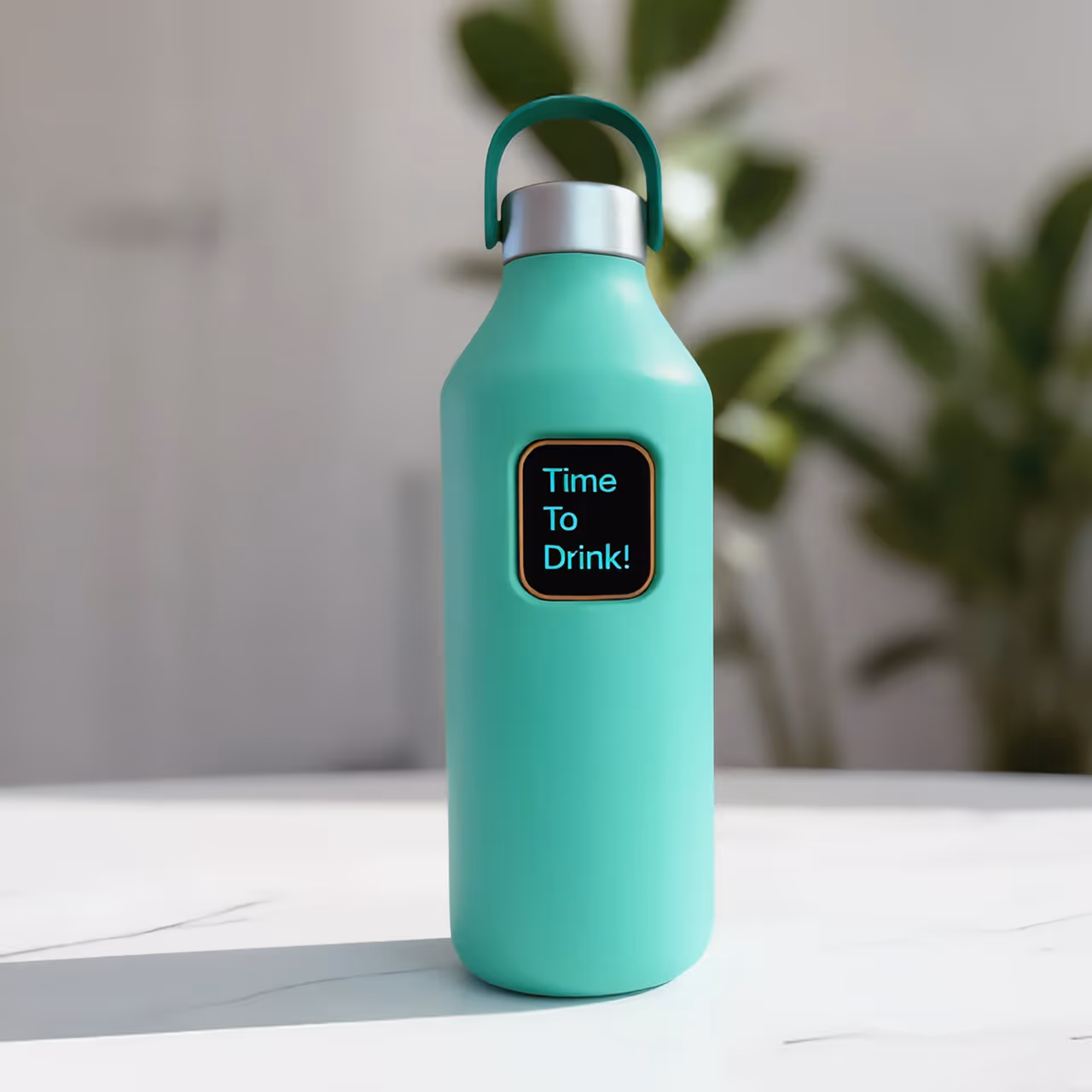 Green reusable water bottle on a white table with screen reading 'Time To Drink!'