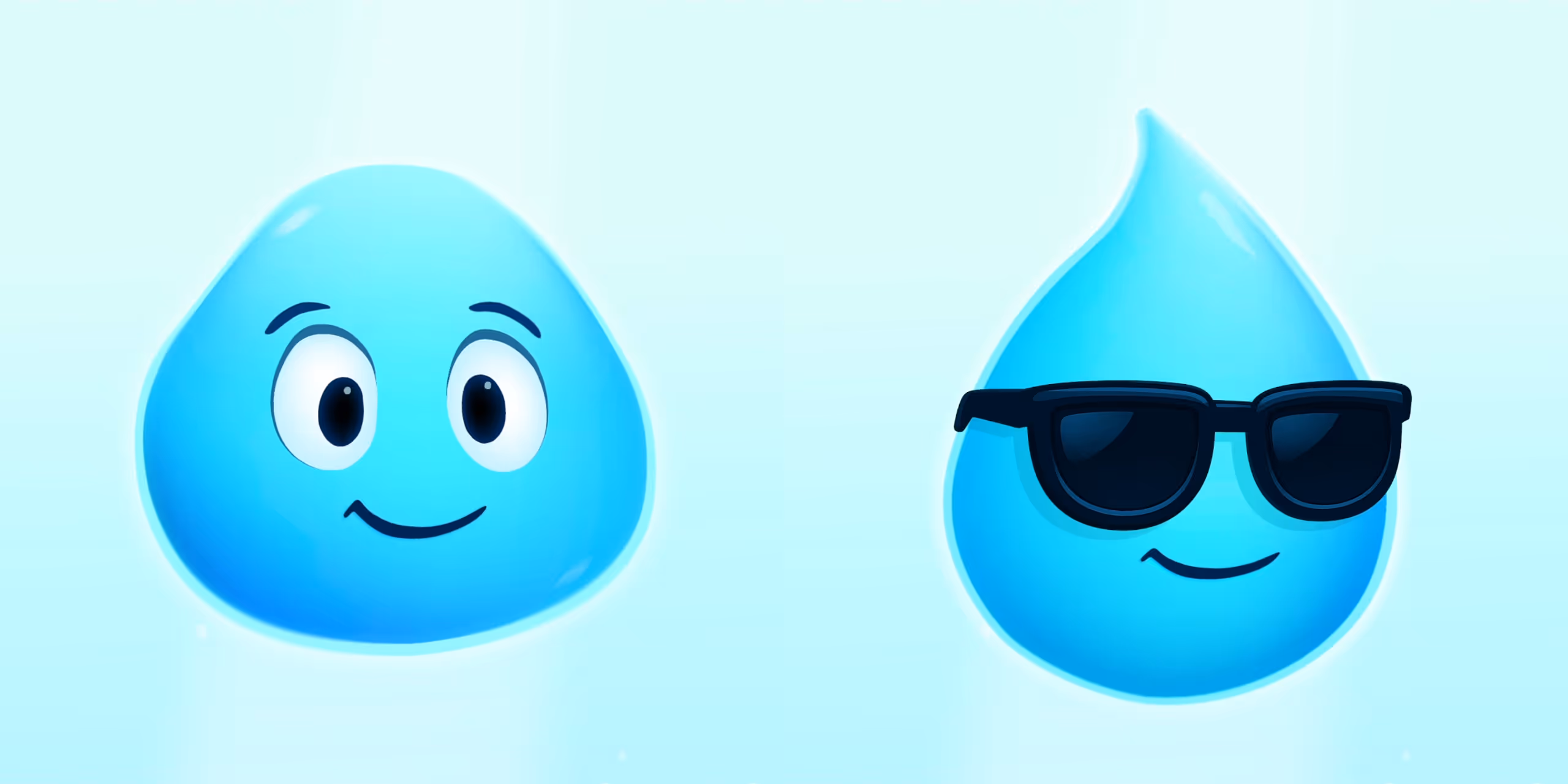 Two blue water droplets with smiling faces, one wearing black sunglasses.