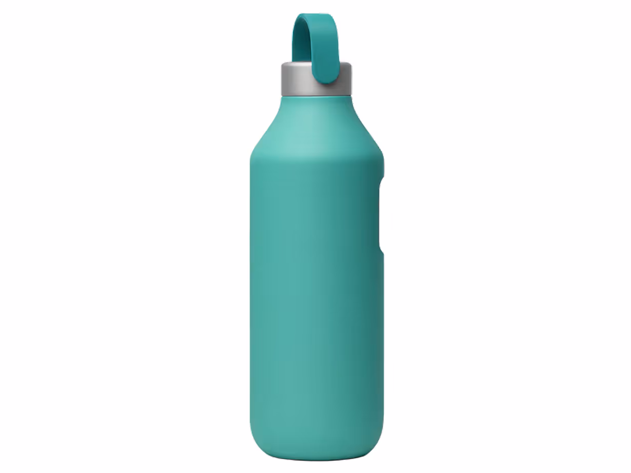 Turquoise reusable water bottle with a gray cap and teal carrying loop handle.