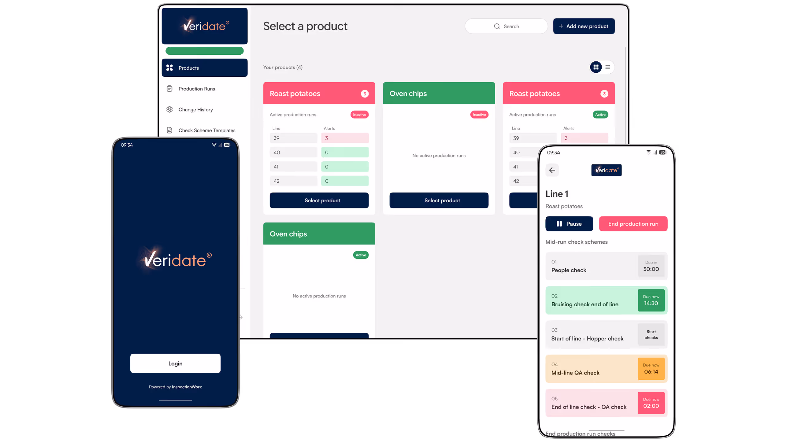 Veridate app shown on smartphone and tablet screens displaying product selection and production run checks.