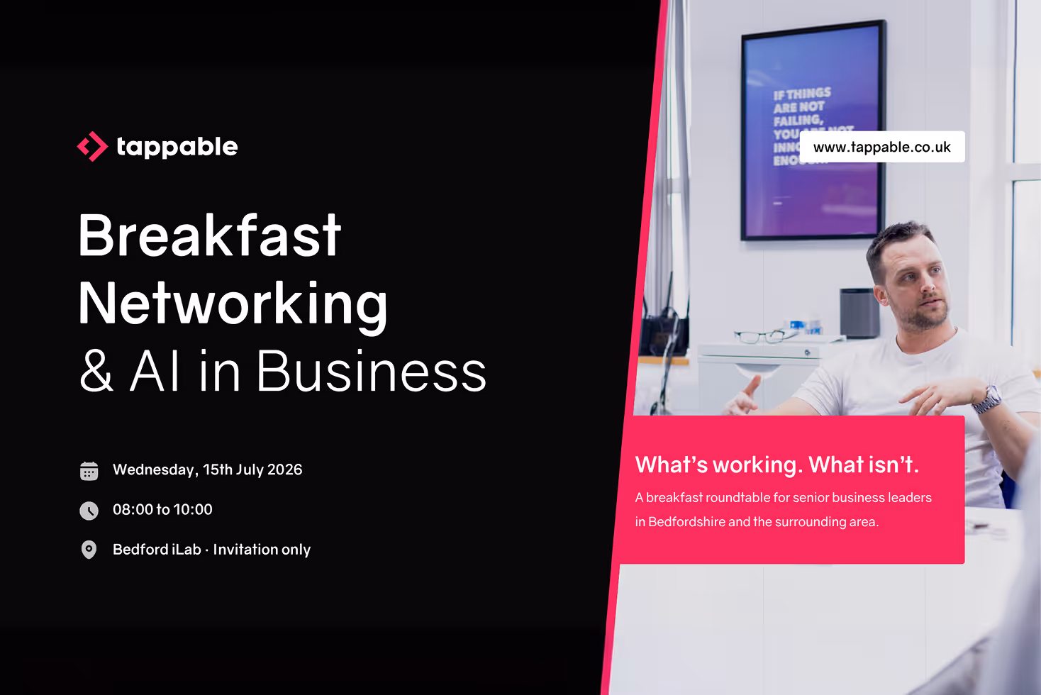 Businessman gesturing in meeting room with text about a breakfast networking event on AI in business.