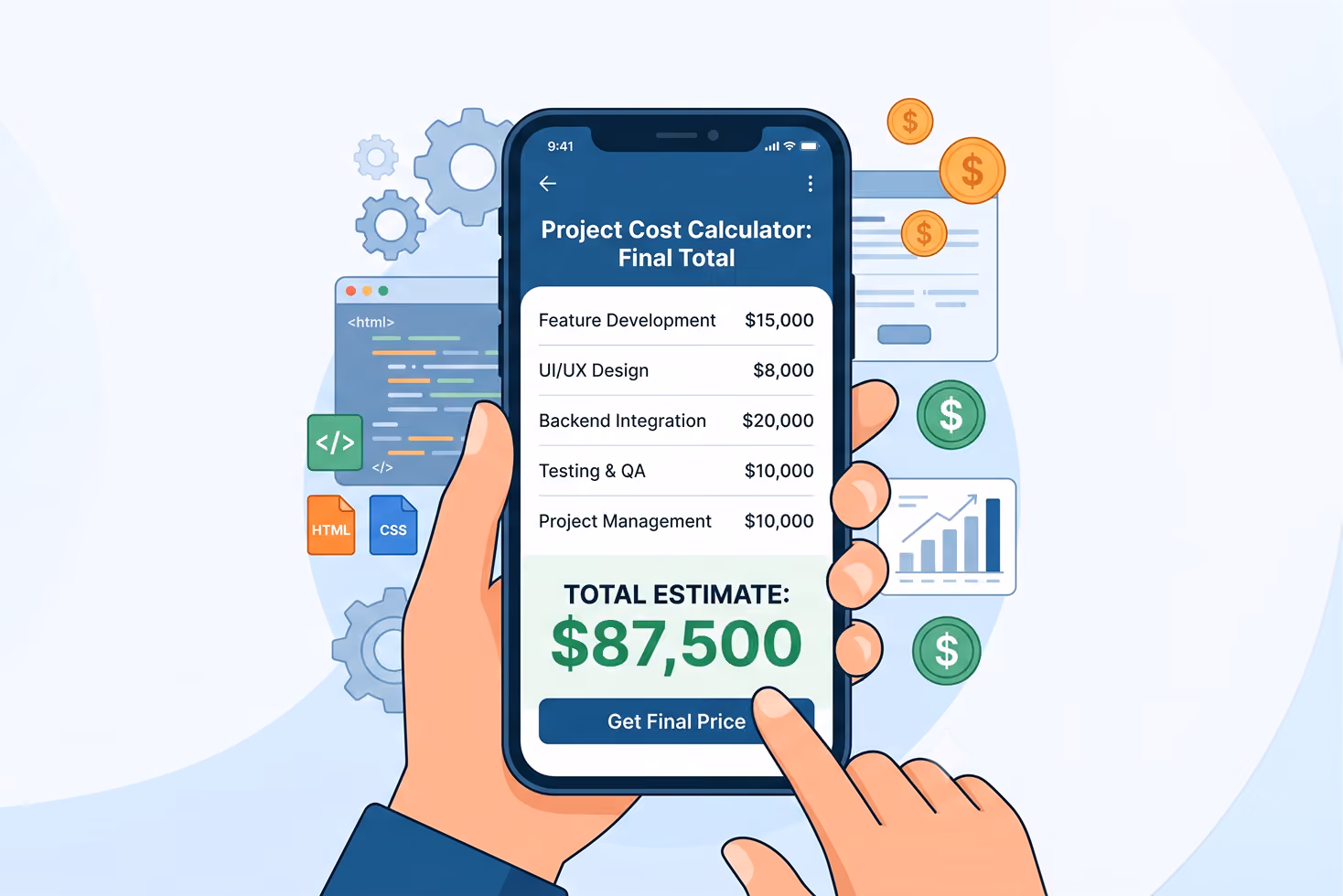 Hand holding phone showing project cost calculator with total estimate of $87,500 and pricing breakdown.