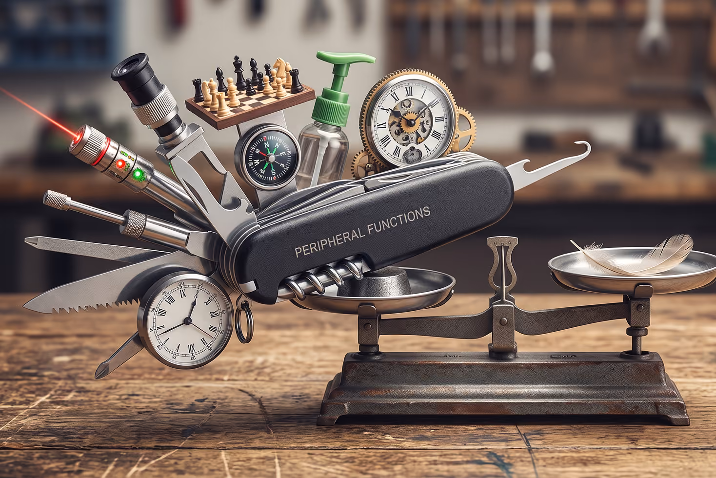 Swiss army knife labeled Peripheral Functions with many tools like clock, chessboard, compass, and soap dispenser on a scale.