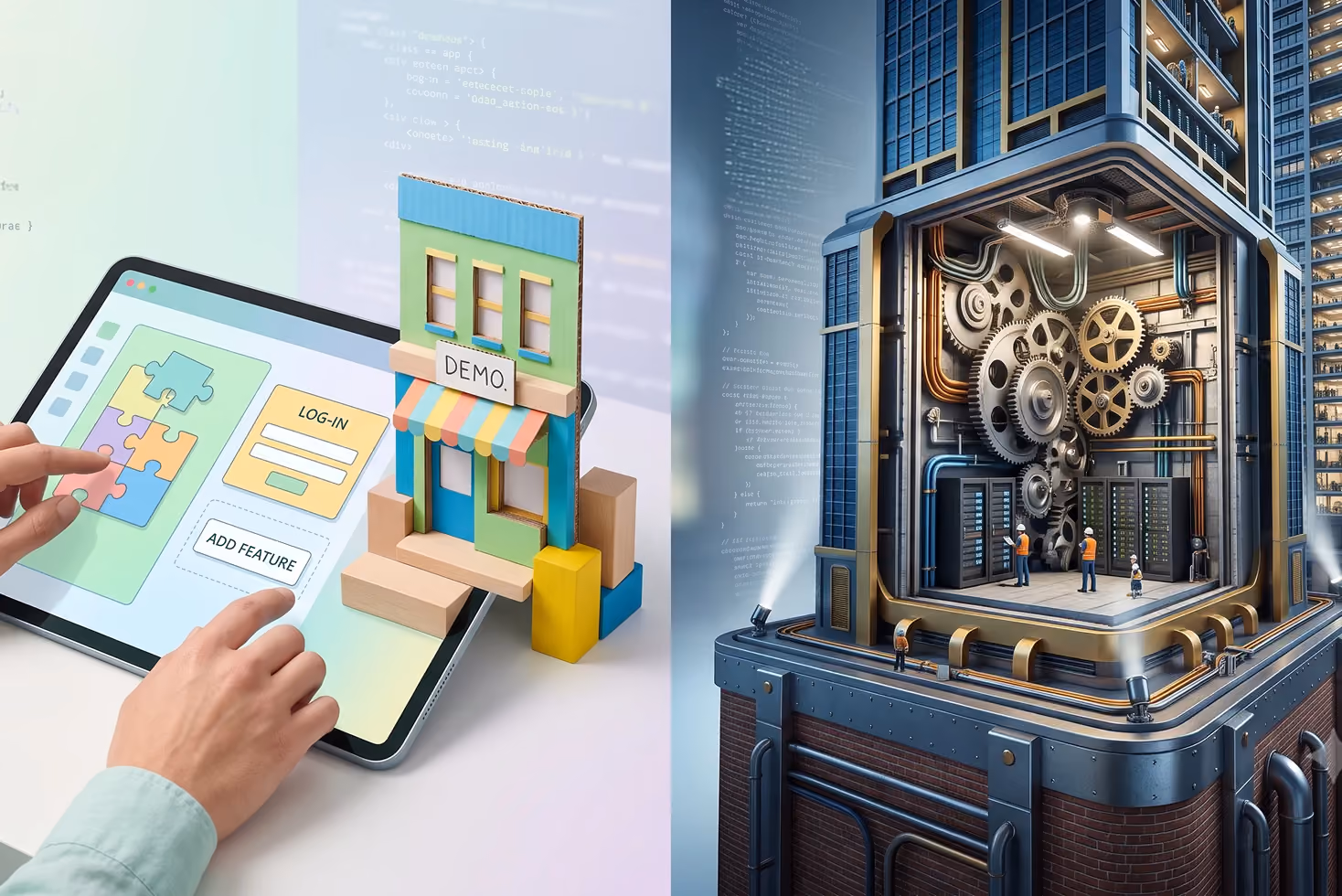 Left: Hands using tablet to design app with puzzle pieces and log-in; right: miniature workers fix gears in building.