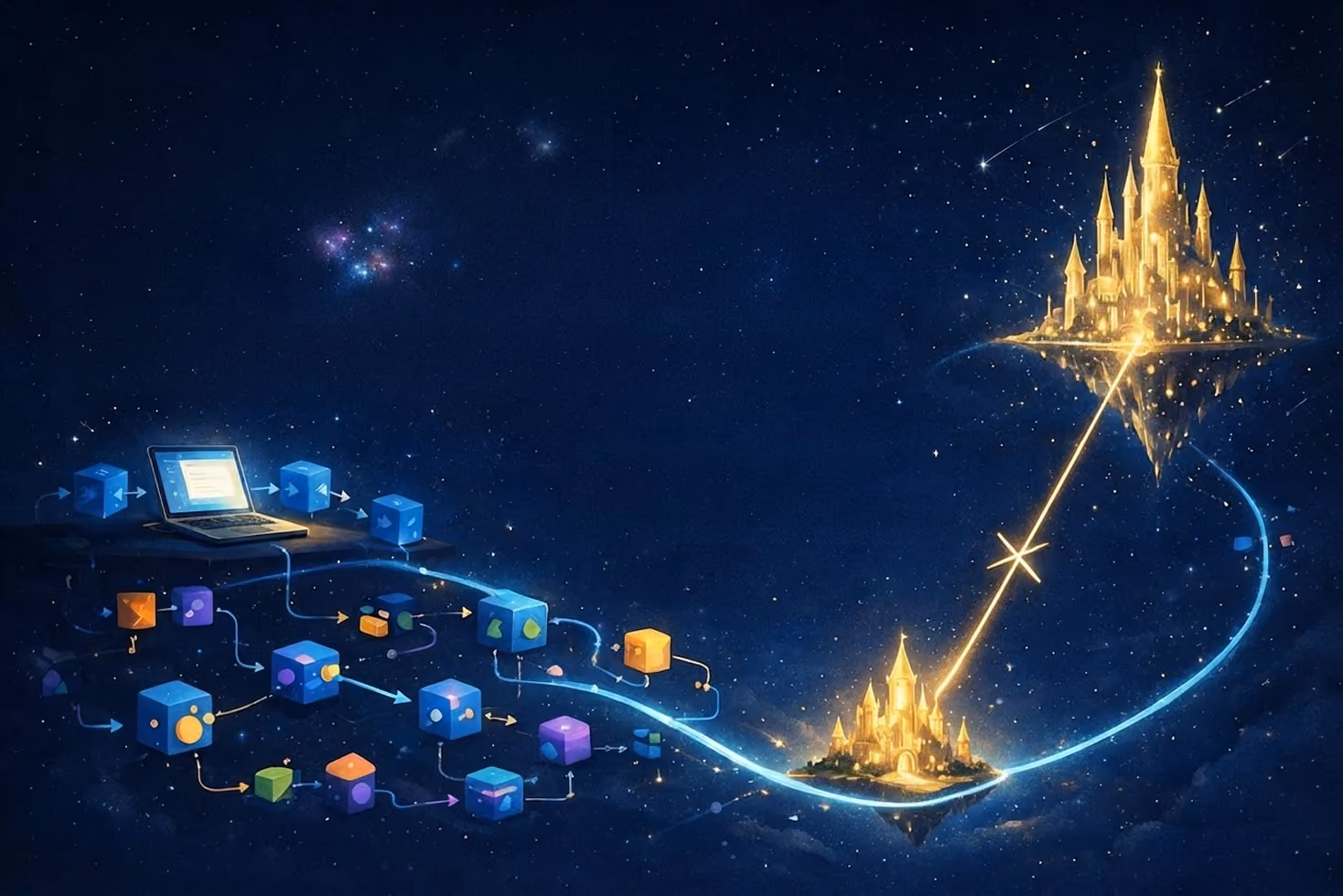 Flowchart of colorful cubes from laptop to small castle, then a golden beam connects to a larger floating castle.
