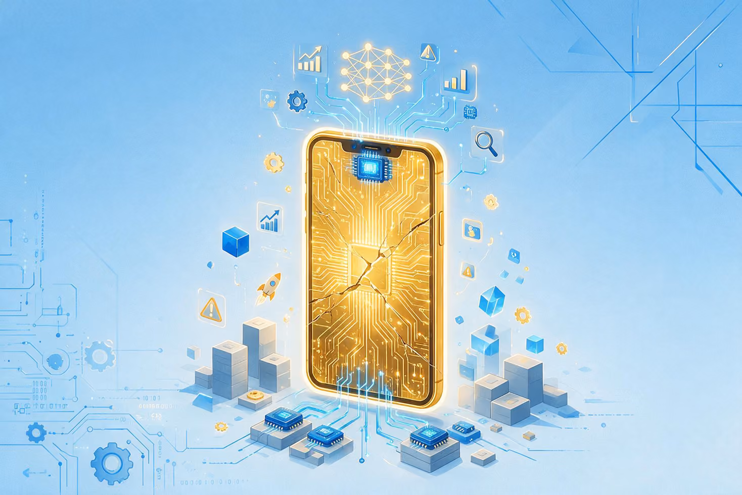 Golden smartphone with glowing circuit design, surrounded by AI and tech icons, on a blue background.