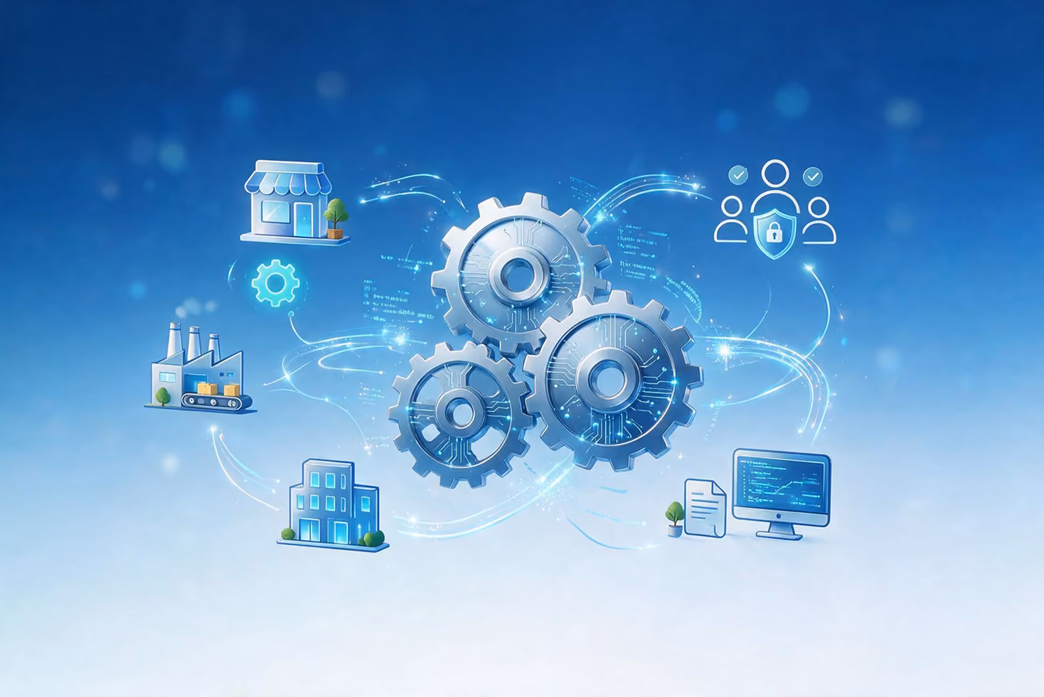Three interconnected gears surrounded by icons representing business, factory, office, security, and technology.