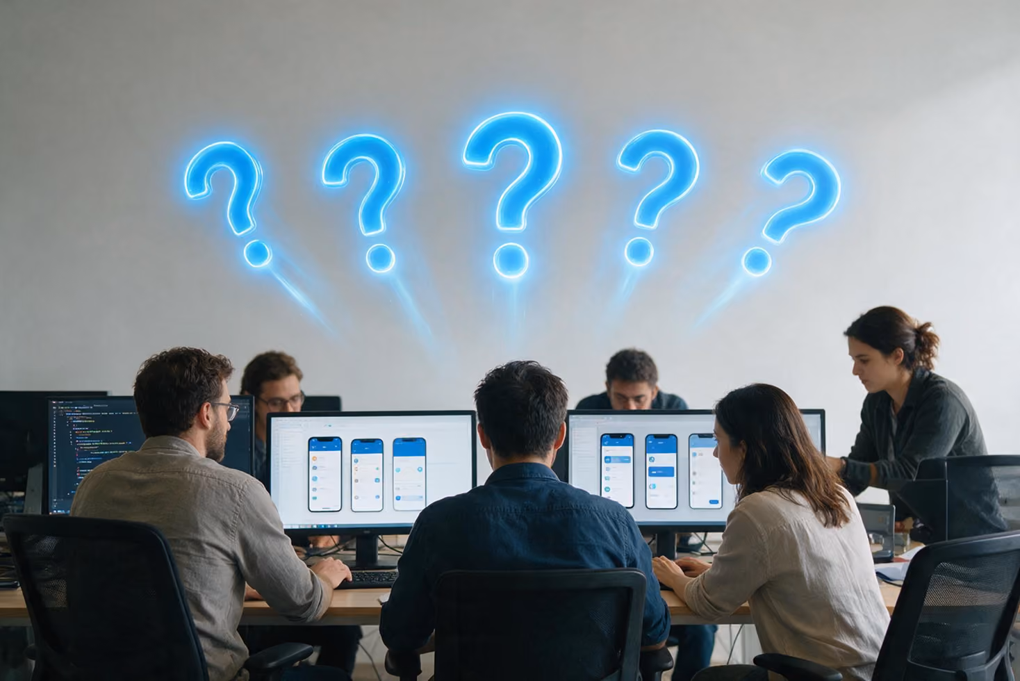 Five people working on computers with app designs on screens and glowing blue question marks above them.