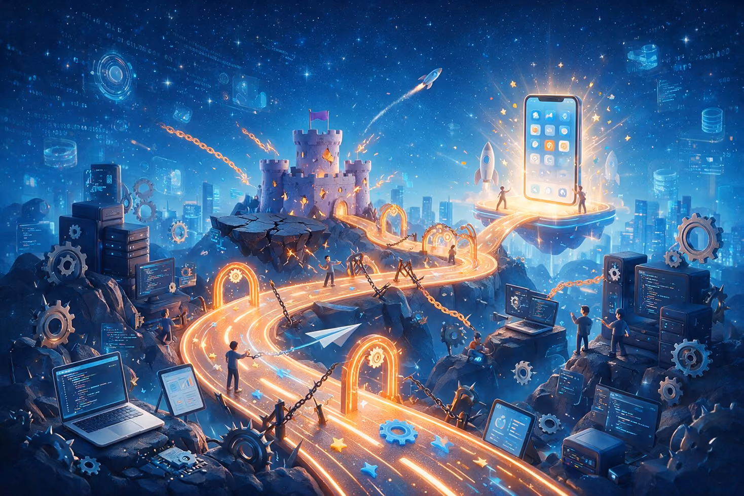 Futuristic digital road leads to glowing smartphone with rockets, people, and floating computer screens.