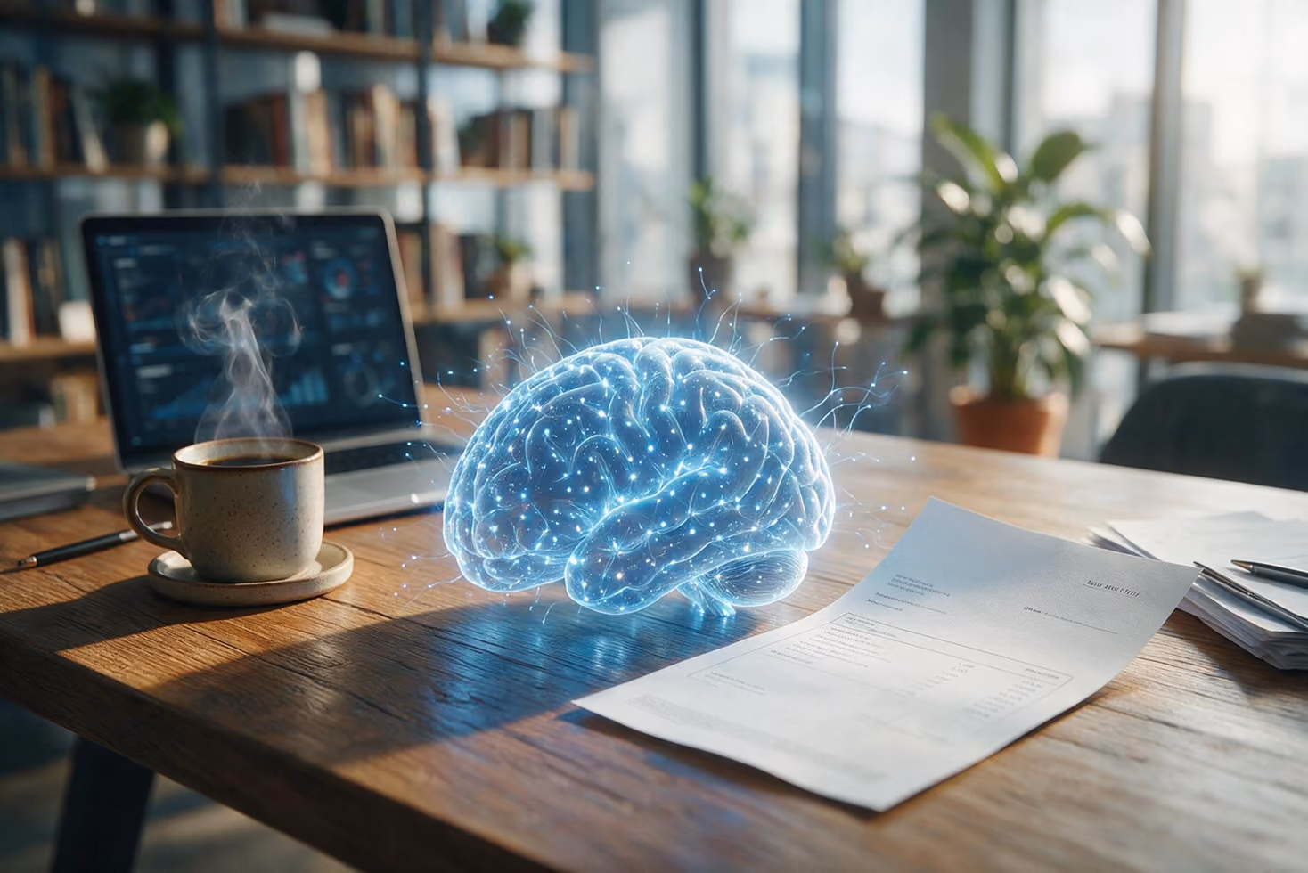 Holographic digital brain projection on desk with laptop, papers, and steaming coffee cup in office.