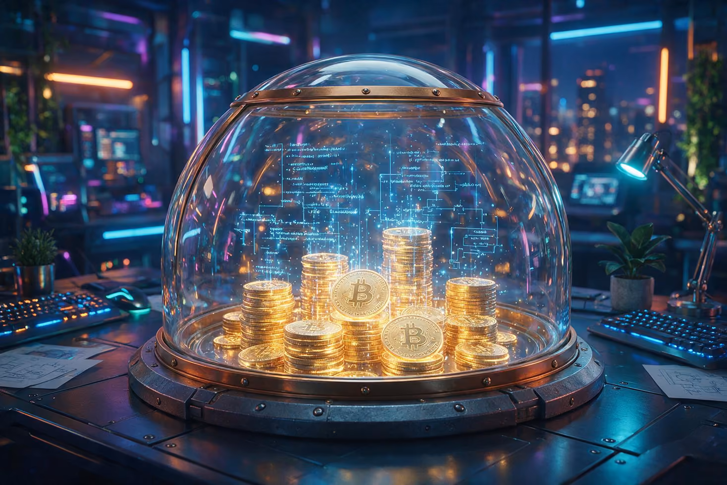 Stacks of glowing Bitcoin coins inside a glass dome with digital code in a neon-lit tech office.