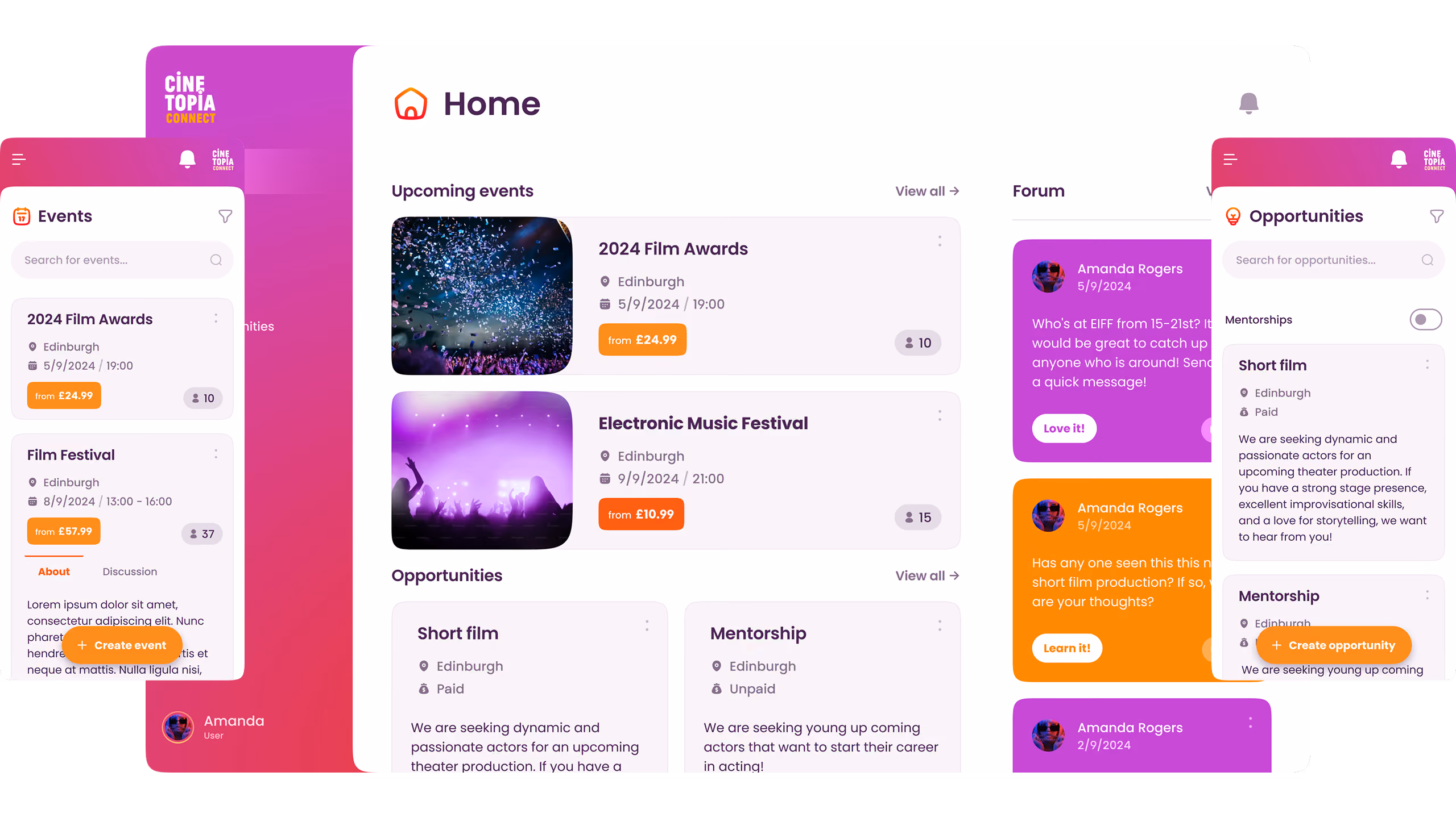 Cinetopia Connect app interface showing a home screen with upcoming events like 2024 Film Awards and Electronic Music Festival in Edinburgh with ticket prices, opportunities for short film and mentorship roles, and a forum with user Amanda Rogers posting messages about film and theater topics.