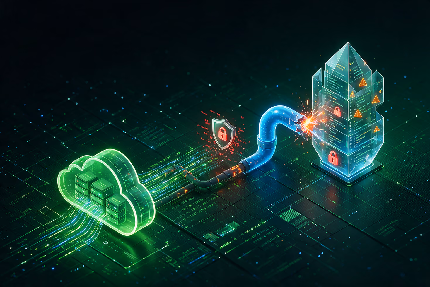 Digital illustration of a data security concept showing a glowing green cloud with server racks connected by streams of data to a blue segmented pipeline that is sparking as it connects to a translucent digital fortress marked with warning symbols and padlocks, representing cybersecurity and data protection.
