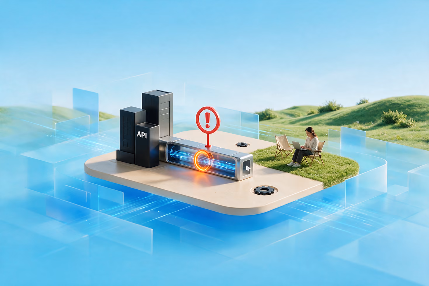 3D illustration of a floating platform with black blocks labeled API, a glowing tube with an orange ring and red exclamation mark above it, and a person sitting on grass in a chair working on a laptop, surrounded by blue translucent digital elements.
