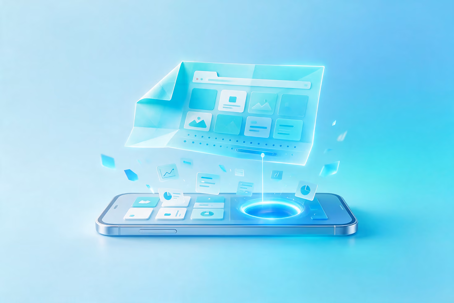 3D illustration of a smartphone lying flat with digital app icons and a holographic interface projecting above its screen.