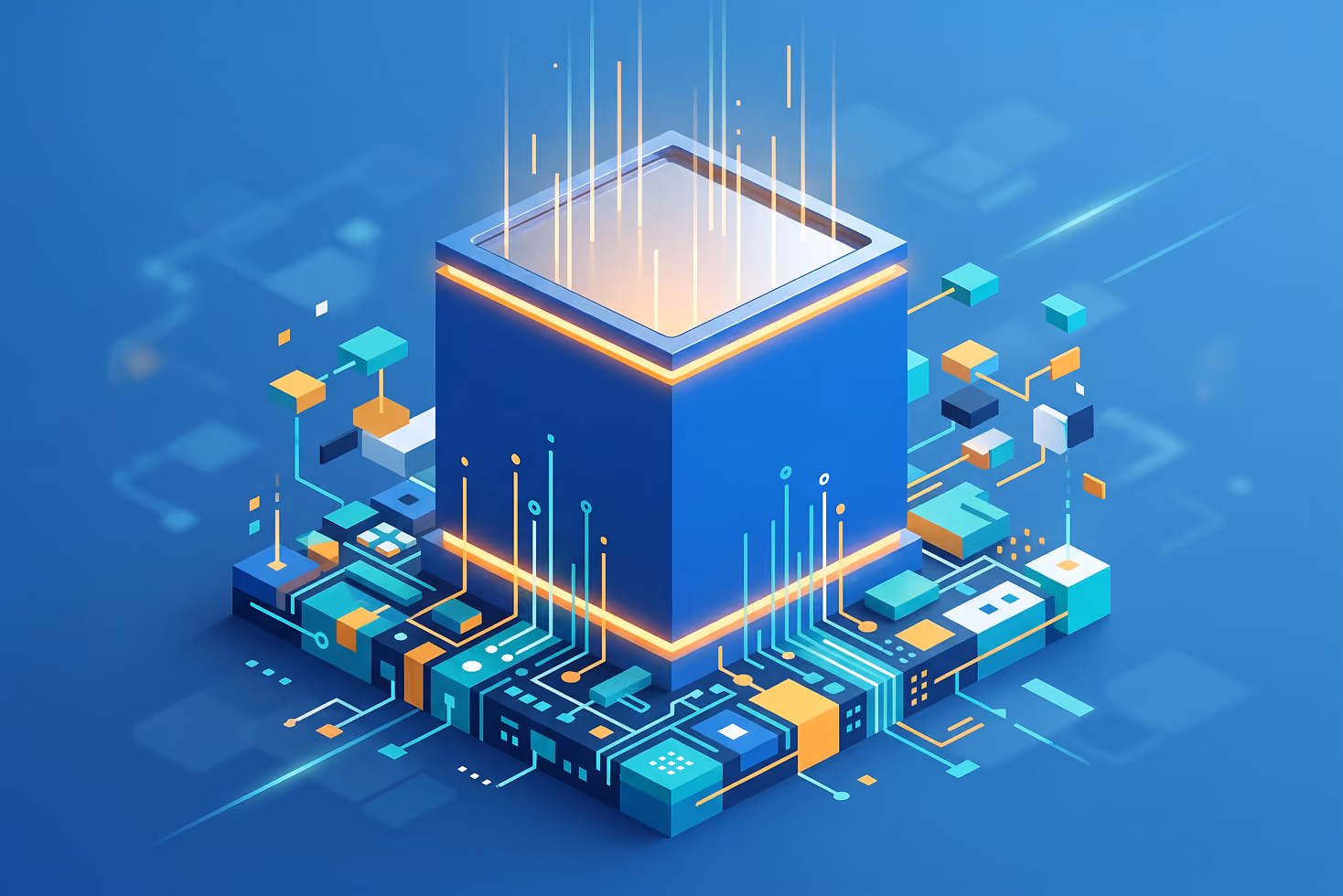 3D illustration of a glowing, futuristic blue cube hovering above a complex circuit board with interconnected lines and smaller geometric shapes on a blue background.
