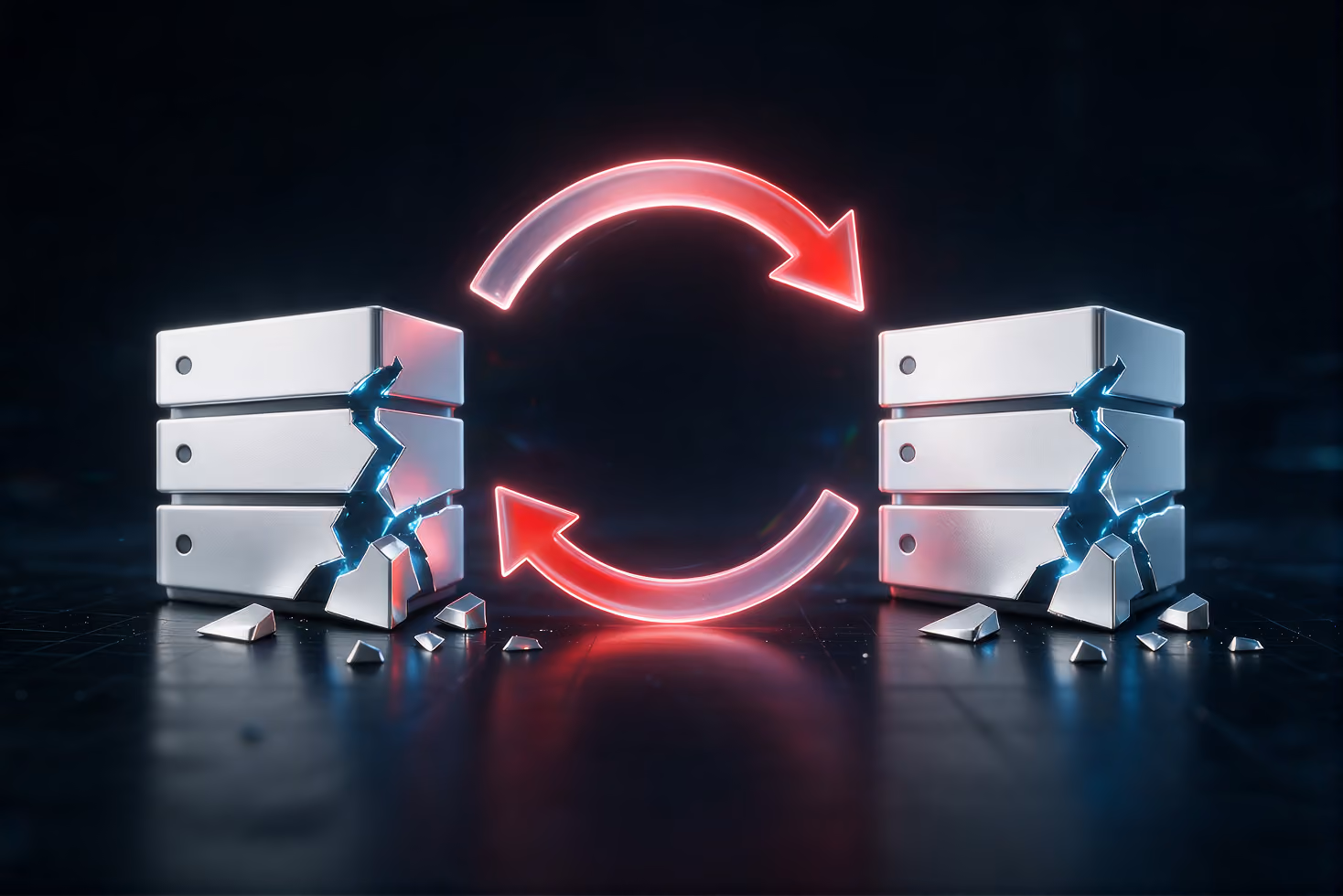 Two stacks of cracked, broken white computer servers facing each other with glowing red circular arrows between them, symbolizing data transfer or system rebuilding.