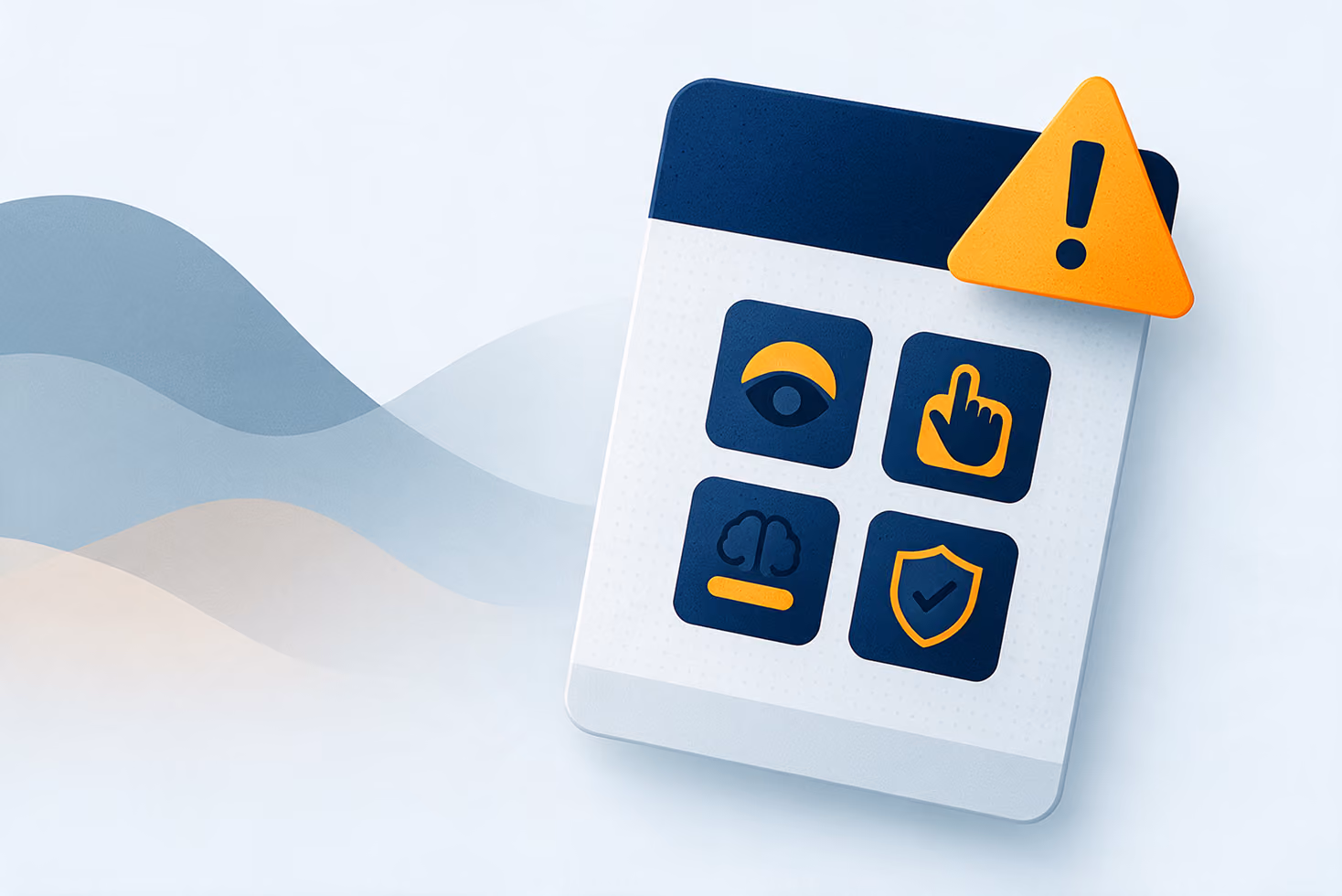 Graphic of a mobile device screen displaying four app accessibility icons: an eye, a hand pointing, a brain with a minus sign, and a shield with a checkmark, with an orange triangular warning symbol featuring an exclamation mark at the top-right corner.