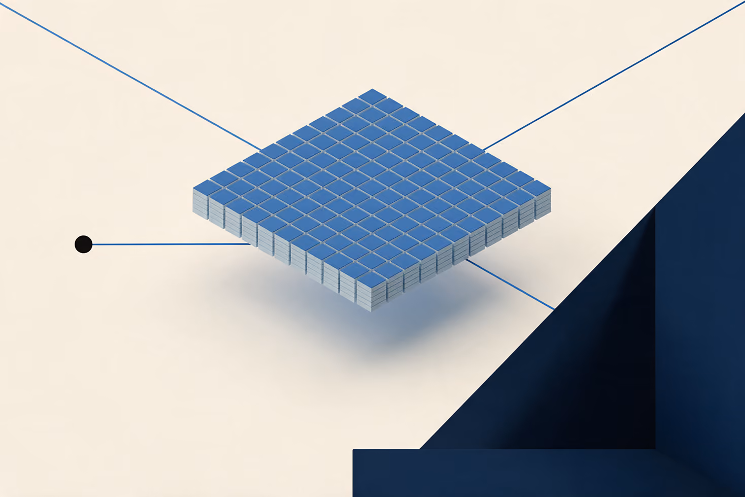 3D illustration of a floating block made of stacked blue cubes arranged in a grid pattern, connected by thin blue lines to a black dot and a dark blue abstract shape.