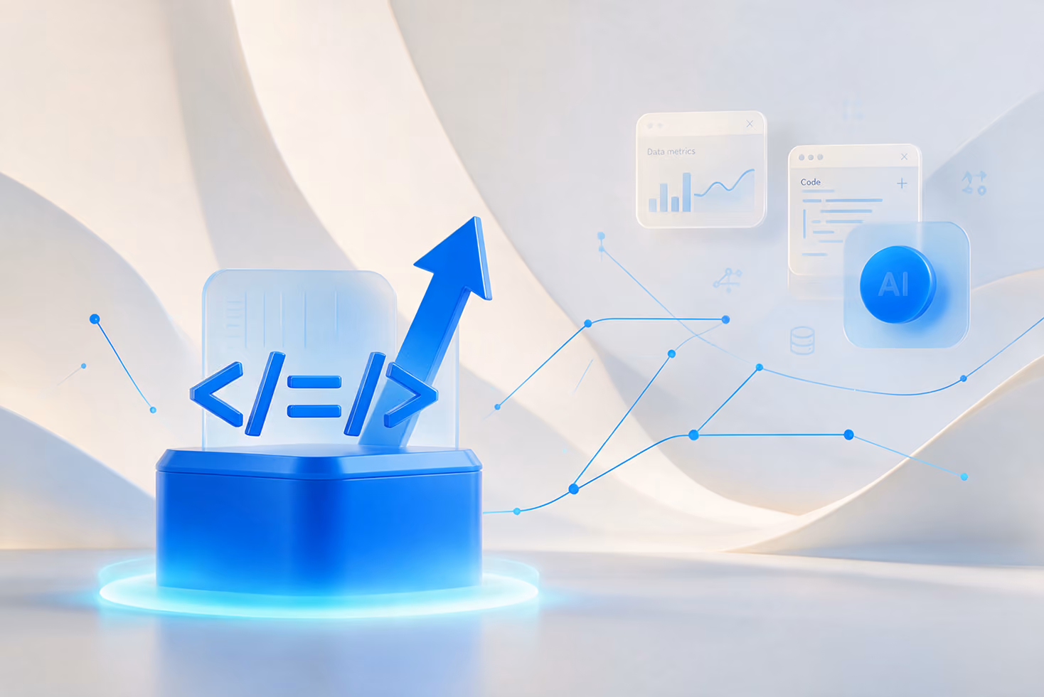 Blue 3D symbols of code brackets and an upward arrow on a glowing pedestal, surrounded by floating translucent charts and AI-related icons, representing AI-driven growth in software development.
