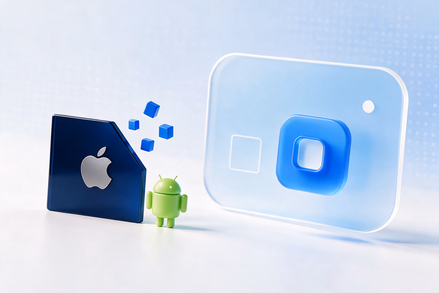 Glossy dark blue object with an Apple logo next to a small green Android robot figure and blue 3D cubes floating between them, in front of a translucent card with a blue 3D square shape inside.