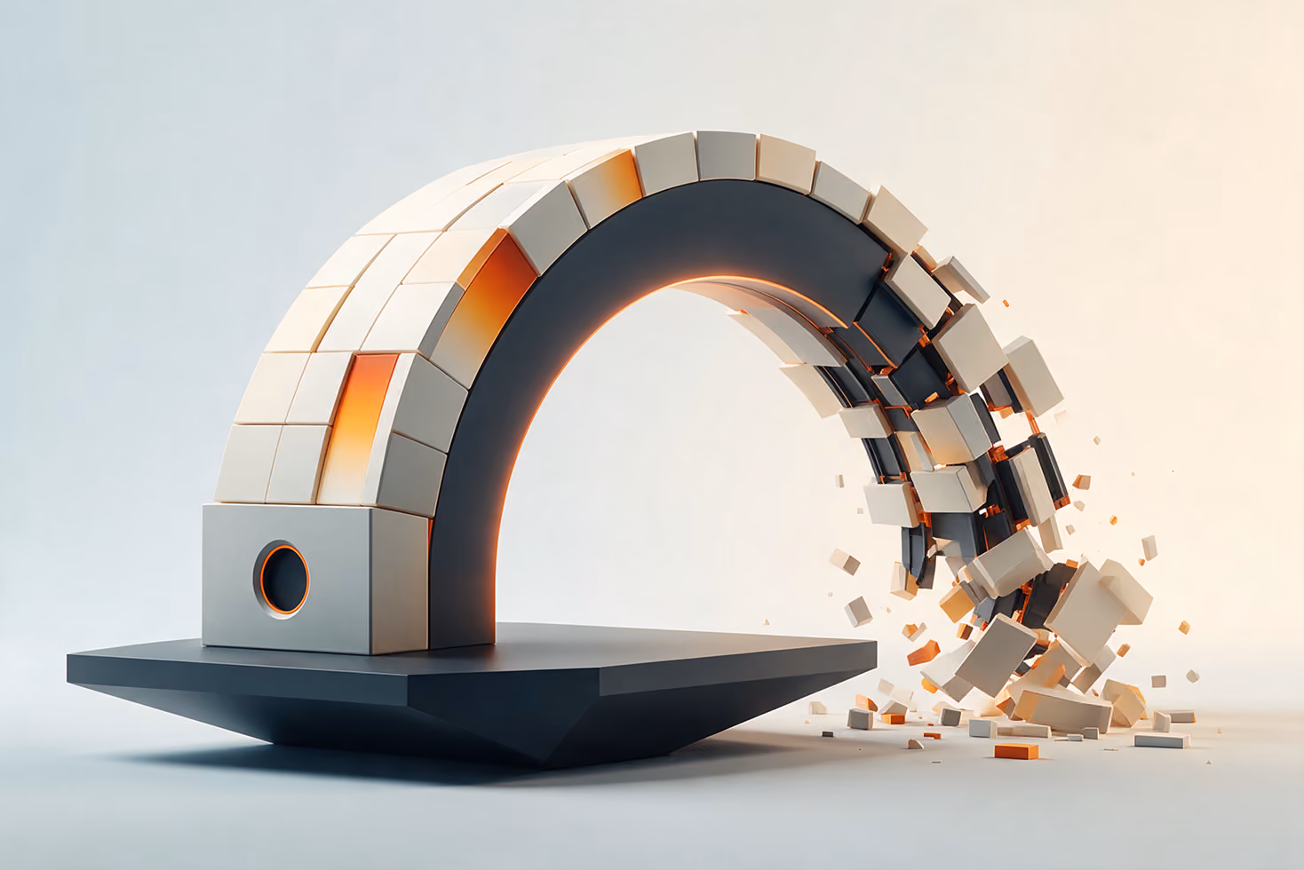 3D abstract sculpture of a segmented arch on a black platform with the right side disintegrating into falling cubes and glowing orange accents inside the segments.