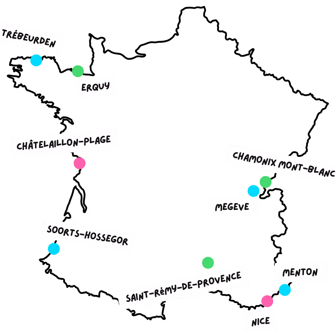 Carte de France des destinations proposant des logements saisonniers à Trébeurden, Erquy, Châtel-Aillon-Plage, Soorts-Hossegor, Saint-Rémy-de-Provence, Chamonix, Megève et Menton pour faciliter le recrutement des employeurs