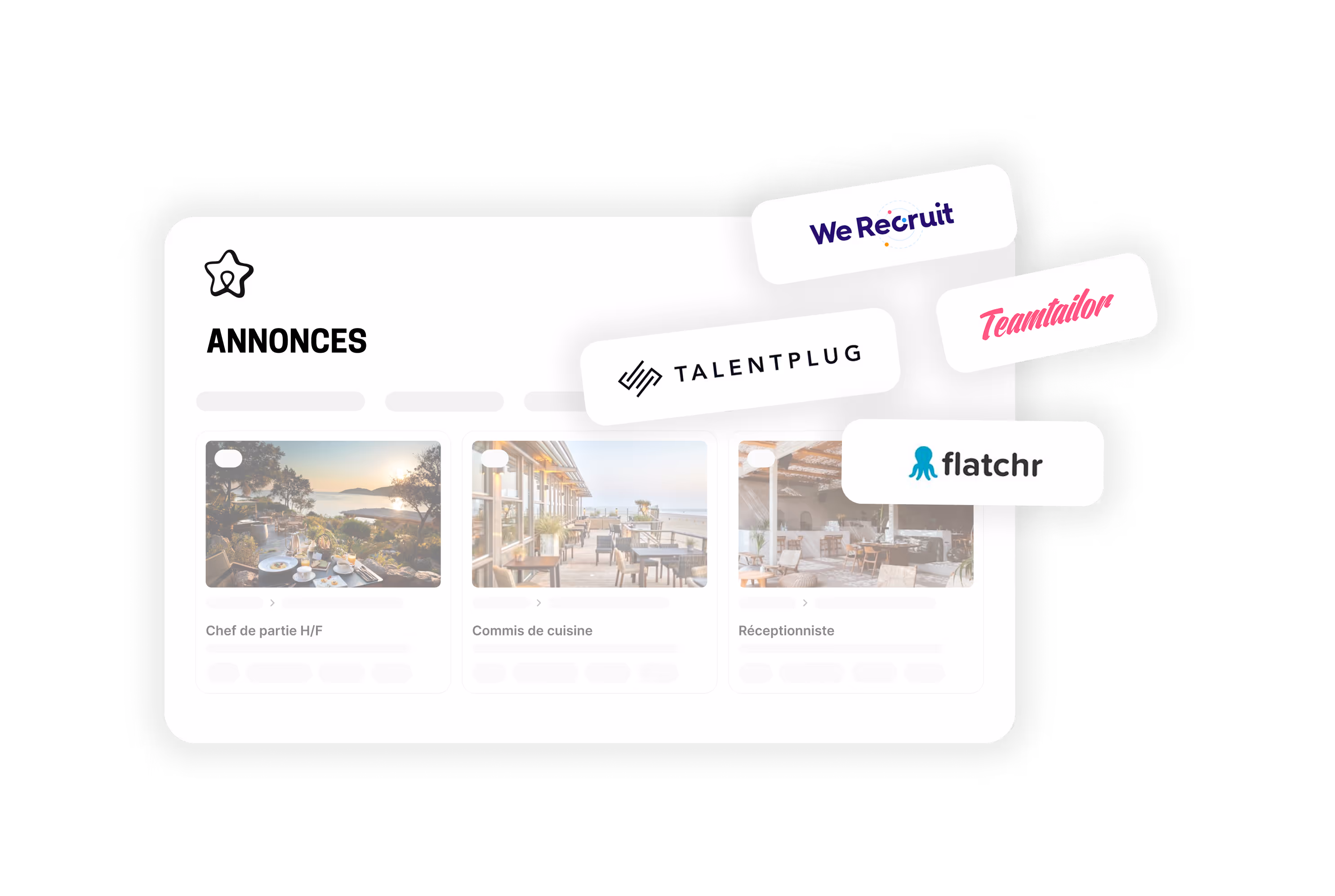Fonctionnalité connexion ATS emploi saisonnier ohmyseason - Interface centralisation outils gestion RH avec logos WeRecruit Talentplug Teamtailor Flatchr pour automatiser workflow recrutement synchronisation fluide candidatures gain temps quotidien secteur hôtellerie restauration tourisme efficacité processus embauche
