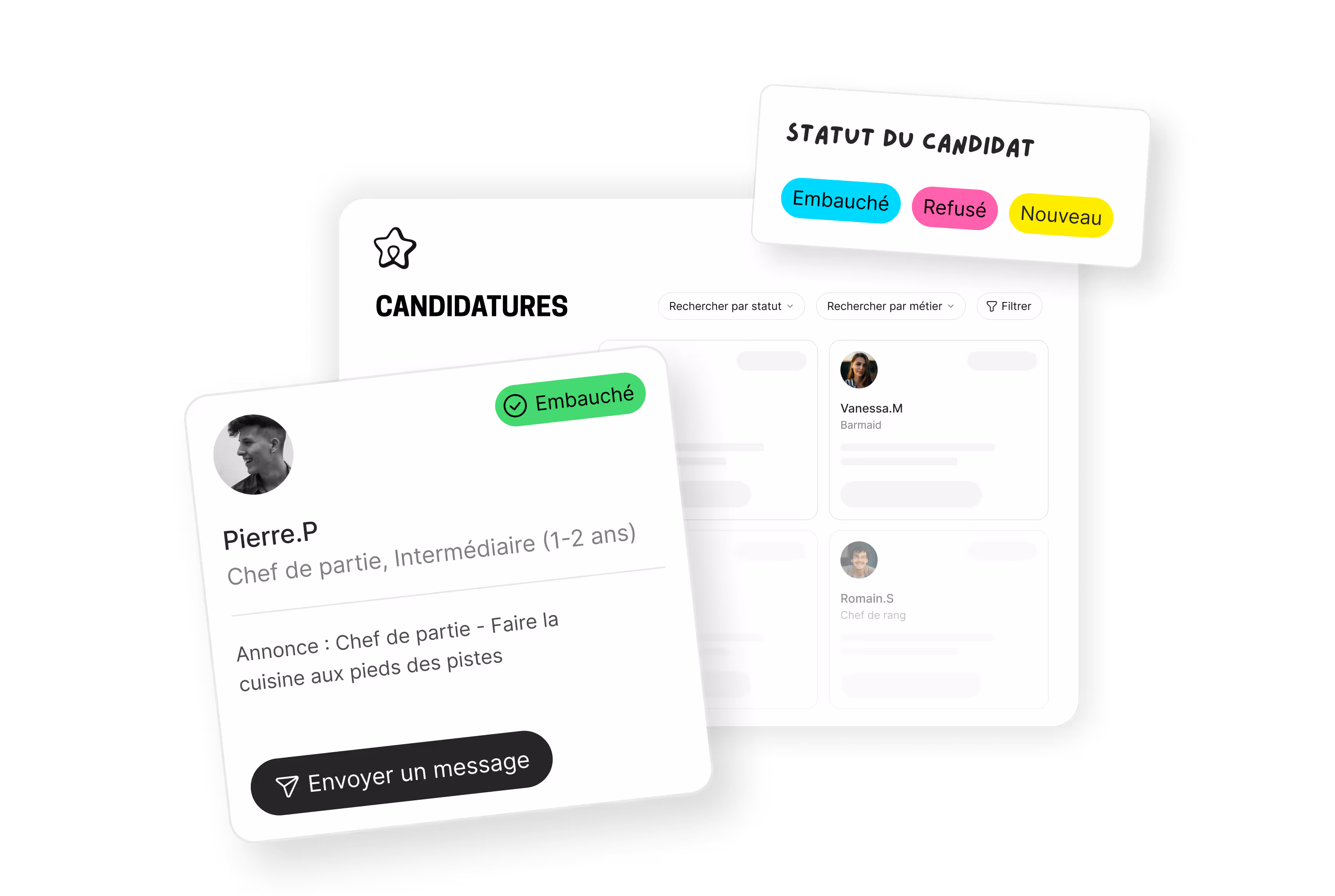 Fonctionnalité gestion candidatures emploi saisonnier ohmyseason - Interface tout-en-un tri étiquetage candidats Pierre chef de partie intermédiaire avec statuts embauché refusé nouveau pour recruteurs visualiser organiser processus sélection décisions rapides suivi fluide hôtellerie restauration tourisme workflow RH optimisé
