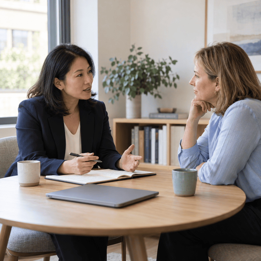 Two women sitting across a round table in a bright room, talking through goals during a discovery call