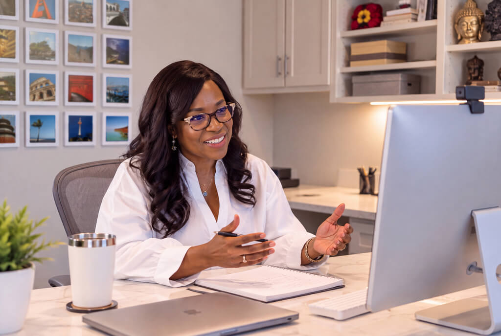 Althea Gordon at her desk during a video coaching session, taking notes while she talks