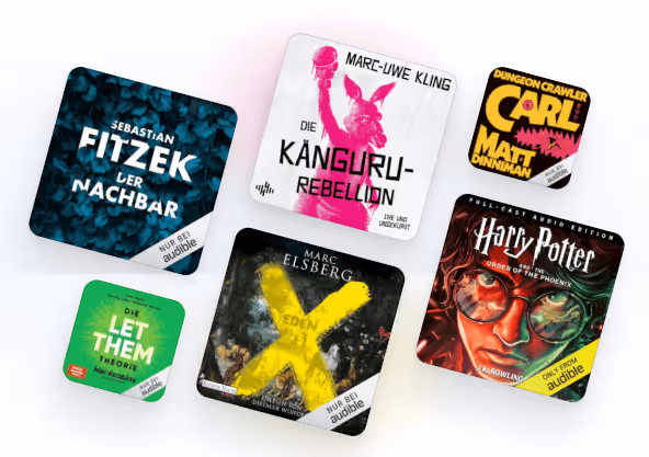 Sechs Cover von Audible-Hörbüchern, darunter Sebastian Fitzeks Der Nachbar, Marc-Uwe Klings Die Känguru-Rebellion, Dungeon Crawler Carl von Matt Dinniman, Die Let Them Theorie von Max Roser, Marc Elsbergs Blackout und Harry Potter und der Orden des Phönix von J.K. Rowling.