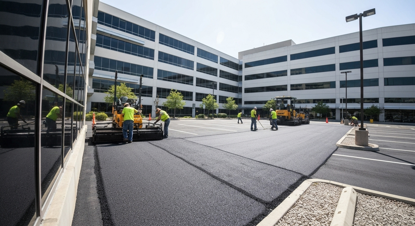 Crew paving commercial parking lot