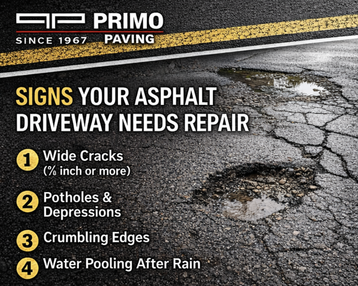 Cracked asphalt driveway with potholes caused by winter freeze-thaw cycles in Toronto