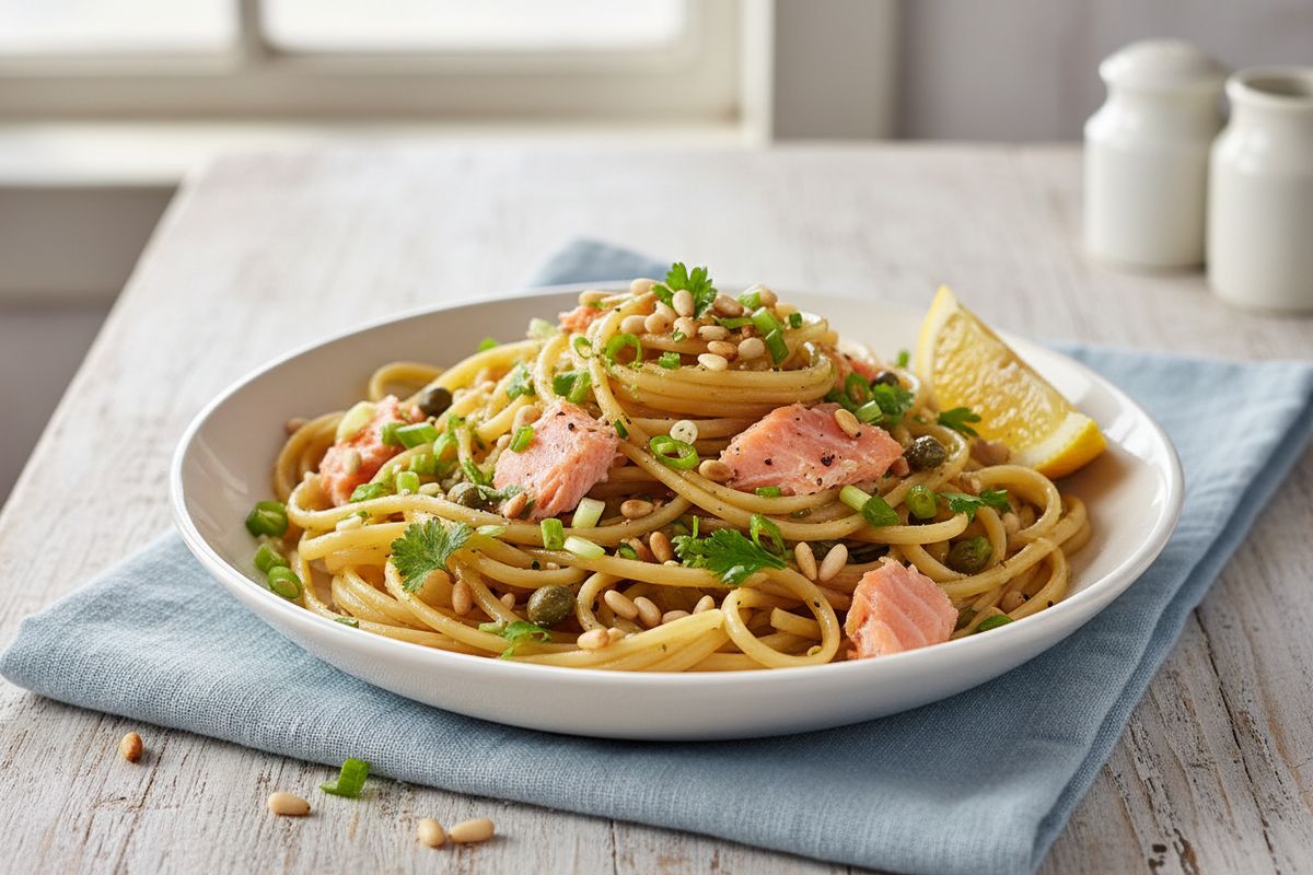 Nopea savulohi-linguine sitruunalla ja kapriksilla – raikas kalaruoka arjen pelastukseksi.