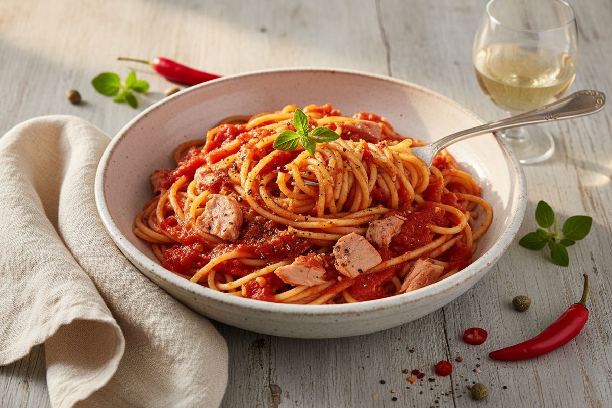 Tulinen tonnikalapasta tomaattikastikkeessa – nopea ja maukas kalaherkku kahdelle.