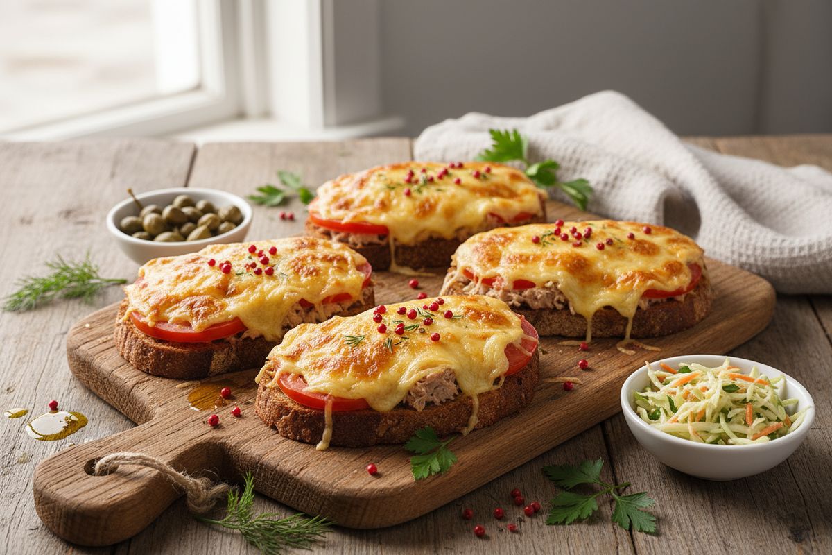 Uunissa valmistuva lämmin tonnikalaleipä juusto-kananmunaseoksella ja kapriksilla on nopea arkkiherkku meren makuisille.