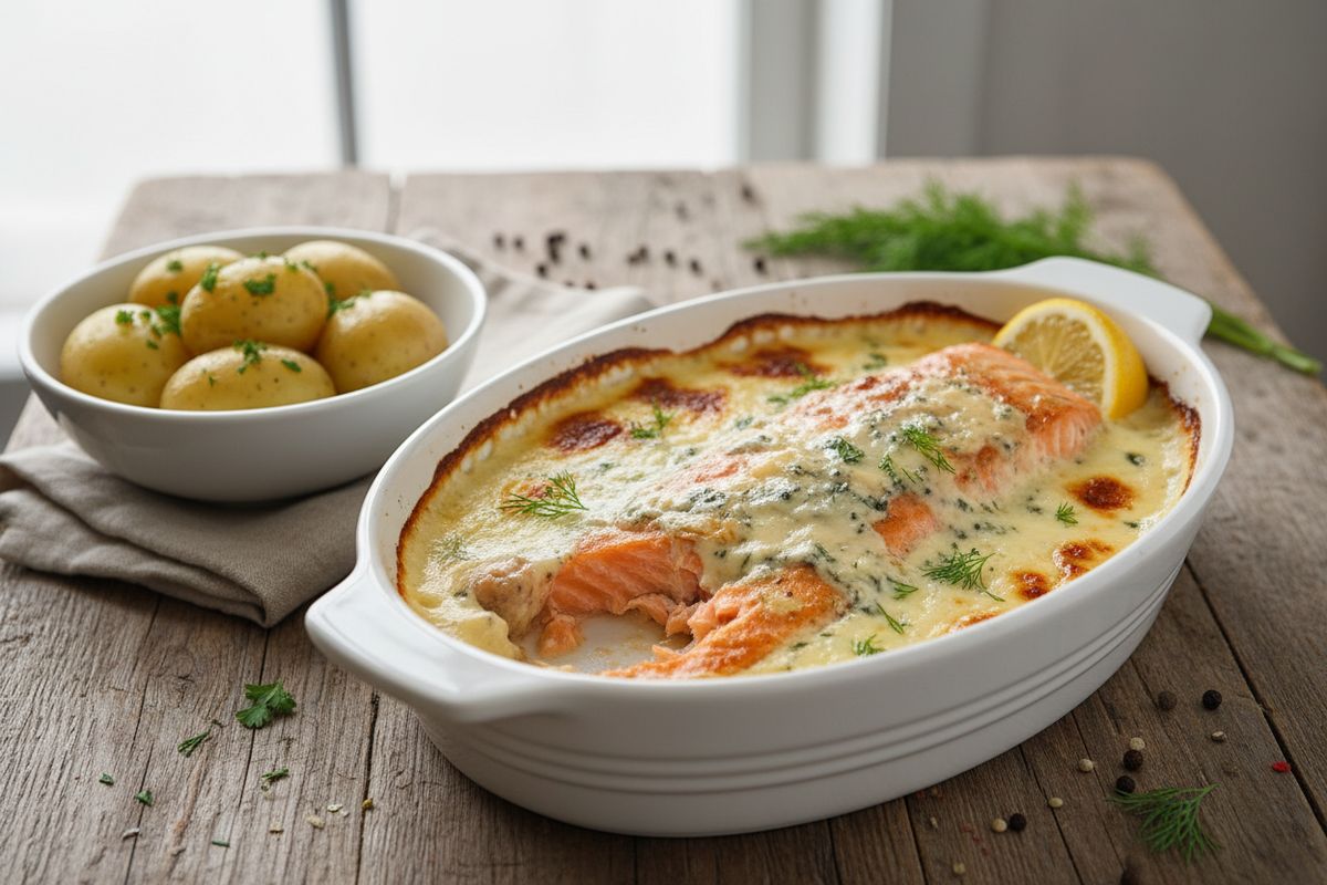 Helppo ja maukas aurajuustolohi uunissa – sinihomejuuston ja kerman täyteläinen makuyhdistelmä nostaa lohen aivan uudelle tasolle.