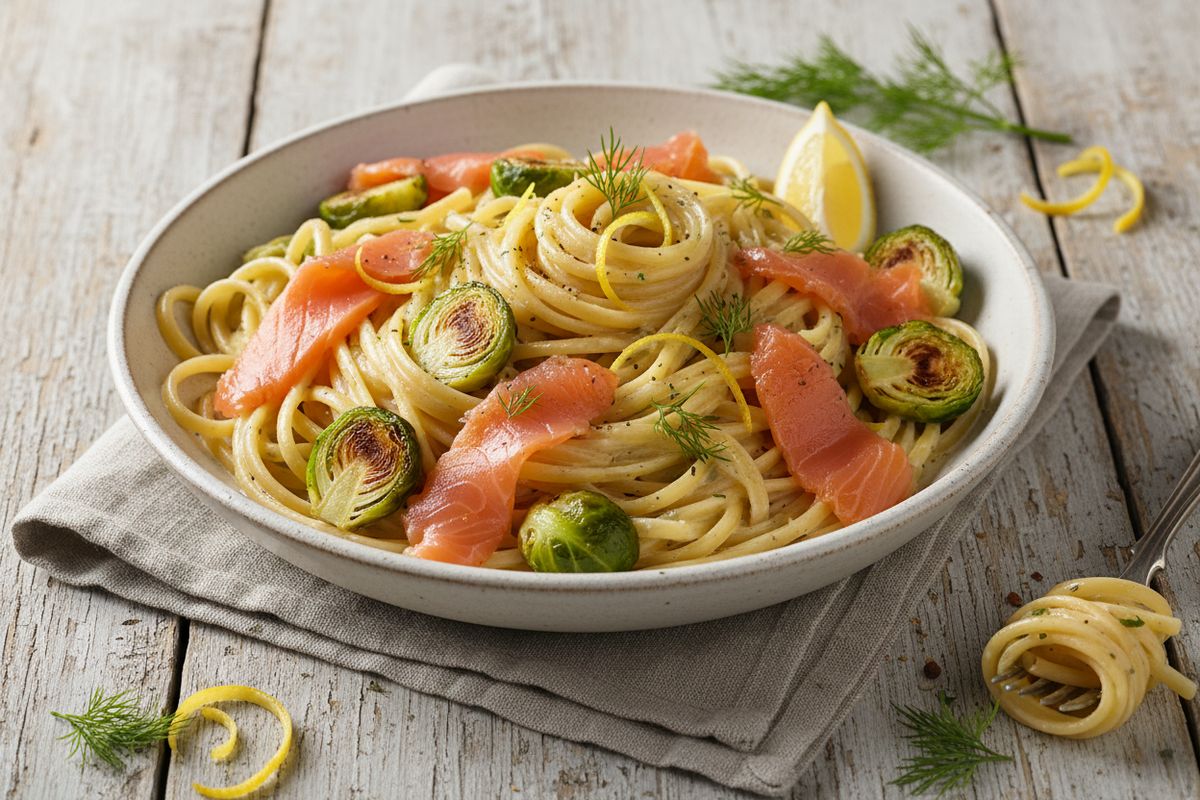Kylmäsavulohipasta ruusukaalilla on nopea ja maukas arkiruoka, jossa savuinen lohi ja rapsakka ruusukaali kohtaavat kermaisen kastikkeen.